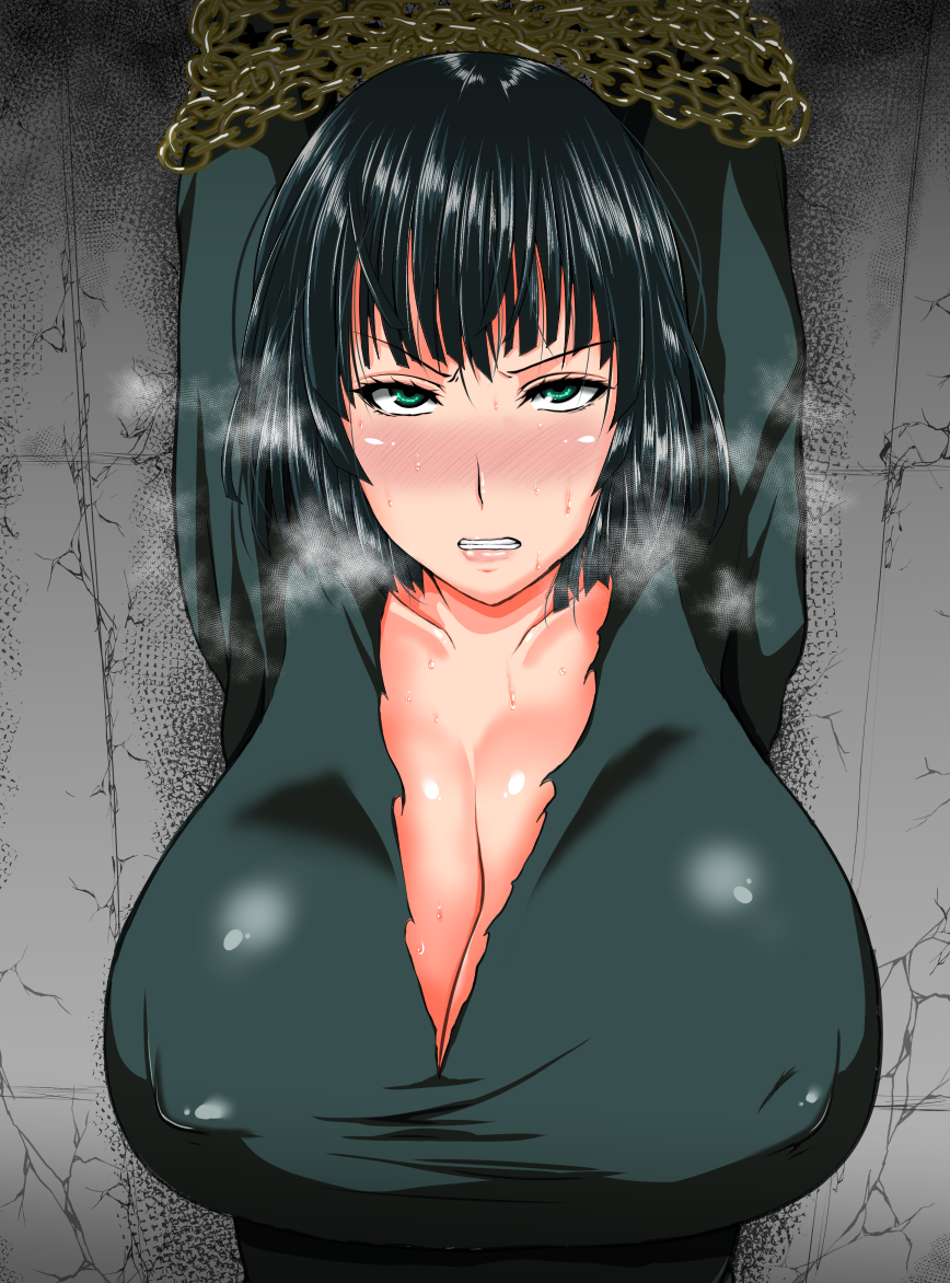 1girls, against wall, angry, angry face, annoyed, areola bulge, arms tied, arms up, bangs, big breasts, blush, blushing, bob cut, bondage, boobs, breasts, breath, busty, chains, cleavage, clothed, clothing, curvaceous, curvy, curvy female, curvy figure, dark green hair, dark hair, dress, eye contact, female, female focus, female only, fringe, front view, fubuki (one-punch man), green eyes, green hair, huge breasts, large breasts, light skin, light-skinned female, lips, lipstick, looking at viewer, medium hair, nipple bulge, one-punch man, ozy3jyayo, pink lips, pink lipstick, ripped clothing, shiny skin, short hair, solo, solo female, solo focus, sweat, teeth, teeth clenched, tight clothing, tight dress, tits, voluptuous