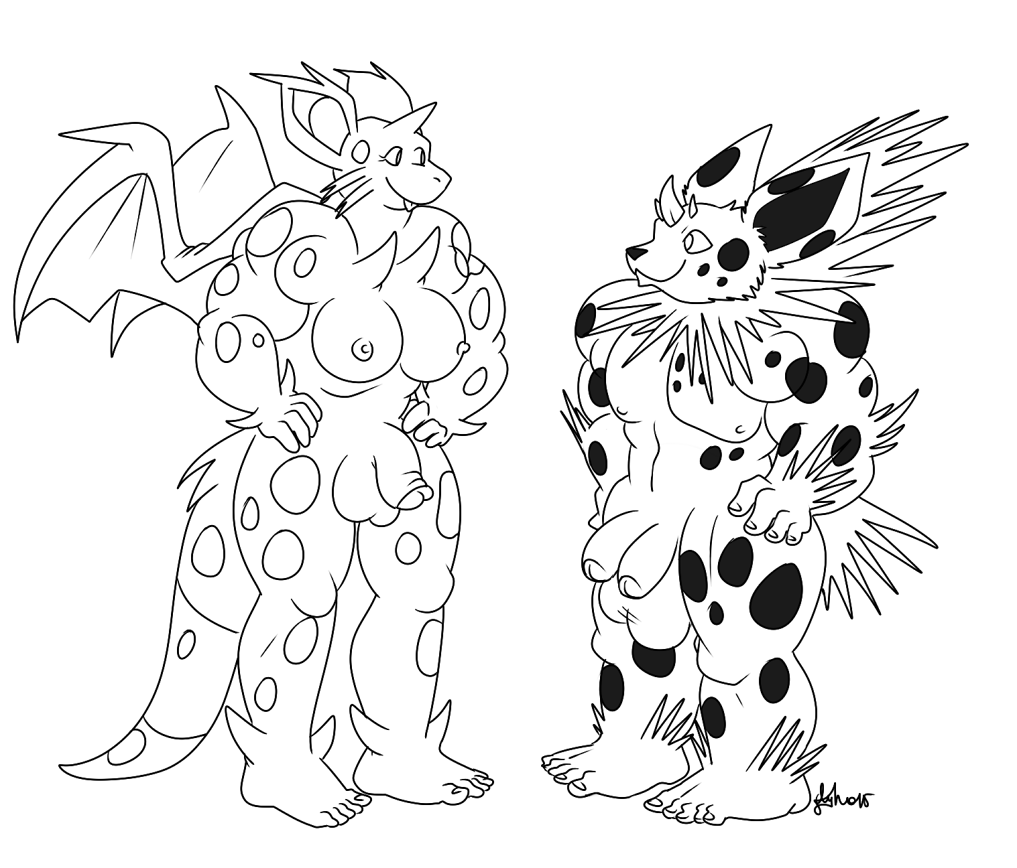 2futas anthro areolae balls big_breasts big_penis breasts charizard diphallia diphallism duo flaccid fusion futa_only futanari hemipenes horn jolteon large_breasts monochrome multi_penis nelsonnoir nidoran nidoran♀ nipples nude penis pokemon pokemon_(species) pokemon_rgby standing whiskers wings