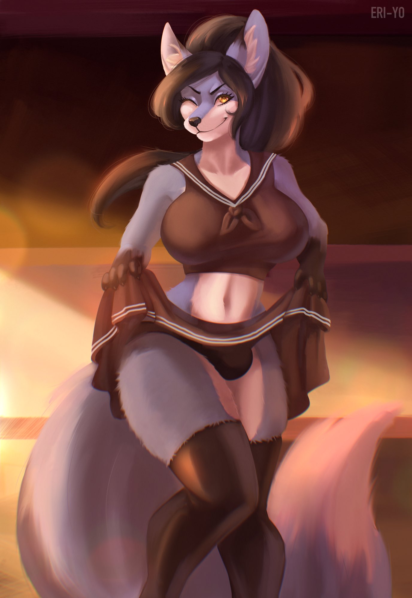 2022 anthro black_hair black_nose blue_body blue_fur breasts bulge canid canine clothed clothing digital_media_(artwork) eri-yo eyebrows eyelashes fox fur futa_only futanari gynomorph hair hi_res intersex looking_at_viewer mammal smile solo solo_futa standing underwear