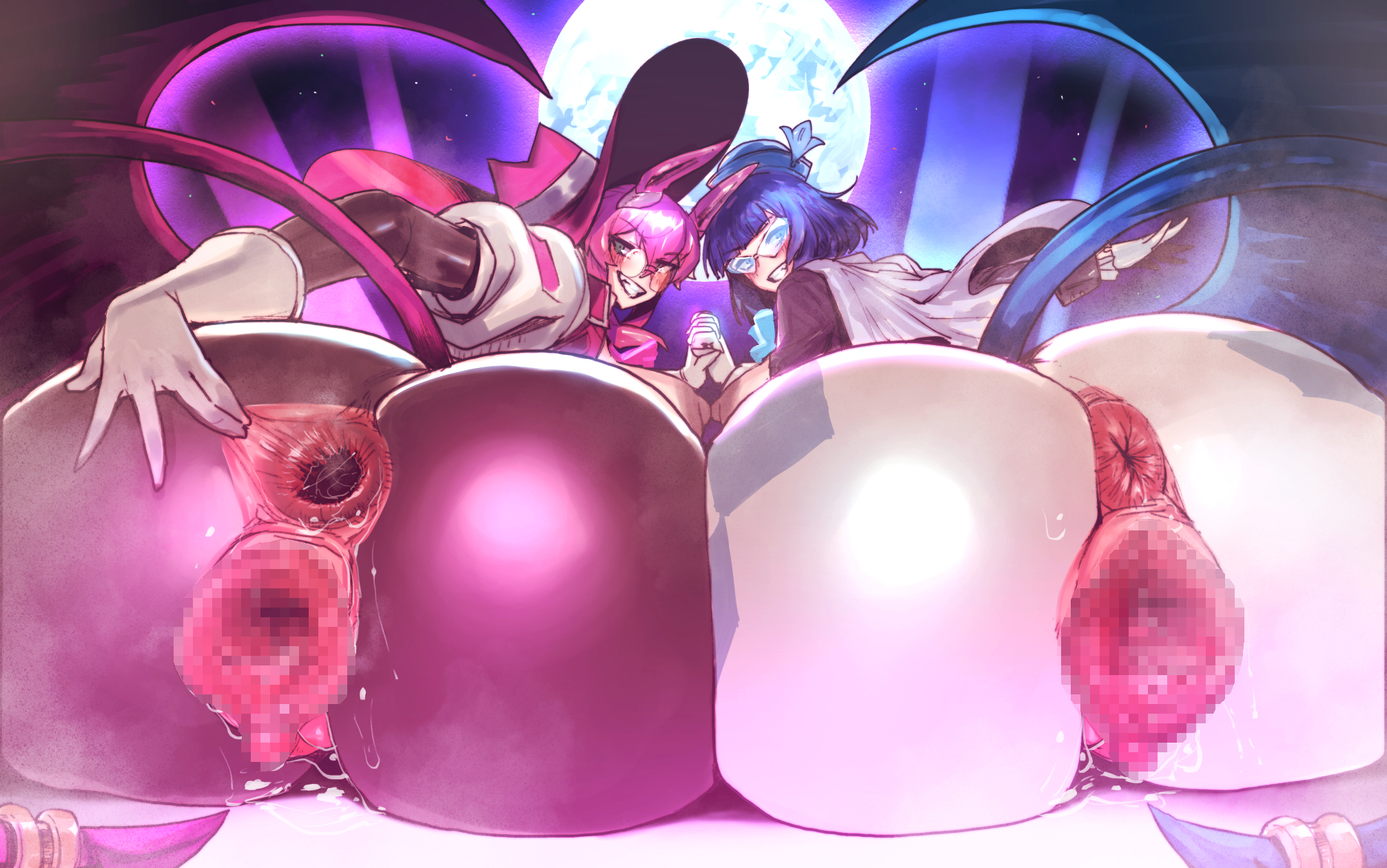 2girls, anchors, ass, ass focus, ass to ass, blue hair, blue-tinted eyewear, censored, crotchless, duel monster, evil twin ki-sikil, evil twin lil-la, fat ass, female, female only, gaping, gaping anus, gaping pussy, gigantic ass, gloves, hi res, holding hands, huge ass, ki-sikil (yu-gi-oh!), konami, lil-la (yu-gi-oh!), looking at viewer, looking back, mosaic censoring, multiple females, multiple girls, pink-tinted eyewear, pussy, rear view, red hair, seductive smile, smile, smug, spread anus, sunglasses, tinted eyewear, yu-gi-oh!