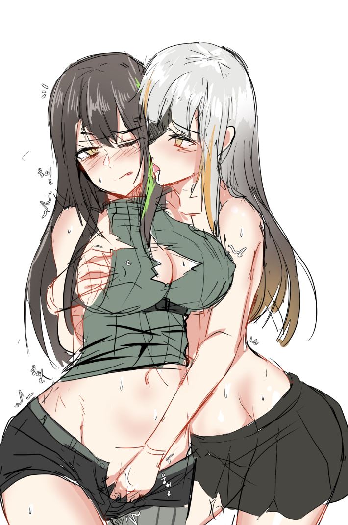 2girls black_hair blush breast_grab breasts covered_nipples drooling eyepatch fingering girls'_frontline grabbing green_hair groping hands_in_pants kuro_(tmdbin) large_breasts licking long_hair m16a1_(boss)_(girls'_frontline) m16a1_(girls'_frontline) m4a1_(girls'_frontline) midriff multicolored_hair multiple_girls navel one_eye_closed orange_hair saliva short_shorts shorts simple_background sketch skirt sleeveless sleeveless_turtleneck stomach sweat tearing_up tongue tongue_out topless torn_clothes turtleneck weapon white_background white_hair yellow_eyes yuri