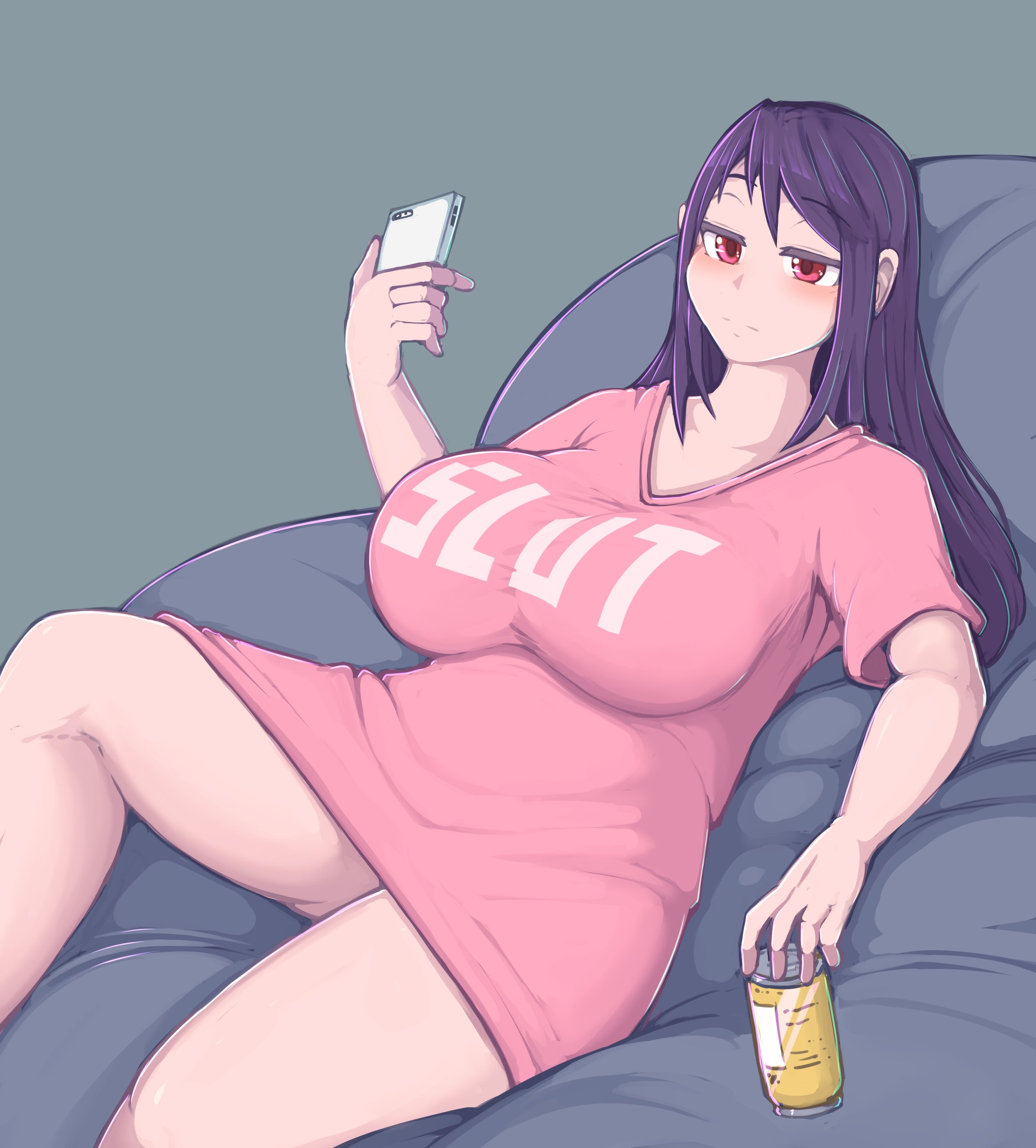 1girls, alternate breast size, big breasts, bottomless, breasts, clothed, clothing, female, female only, half-closed eyes, hands-free, human, julianne stingray, kittenboogers, large breasts, light skin, light-skinned female, long hair, mostly clothed, on back, partially clothed, phone, purple hair, red eyes, skindentation, slut print, solo, t-shirt, text on clothing, va-11 hall-a