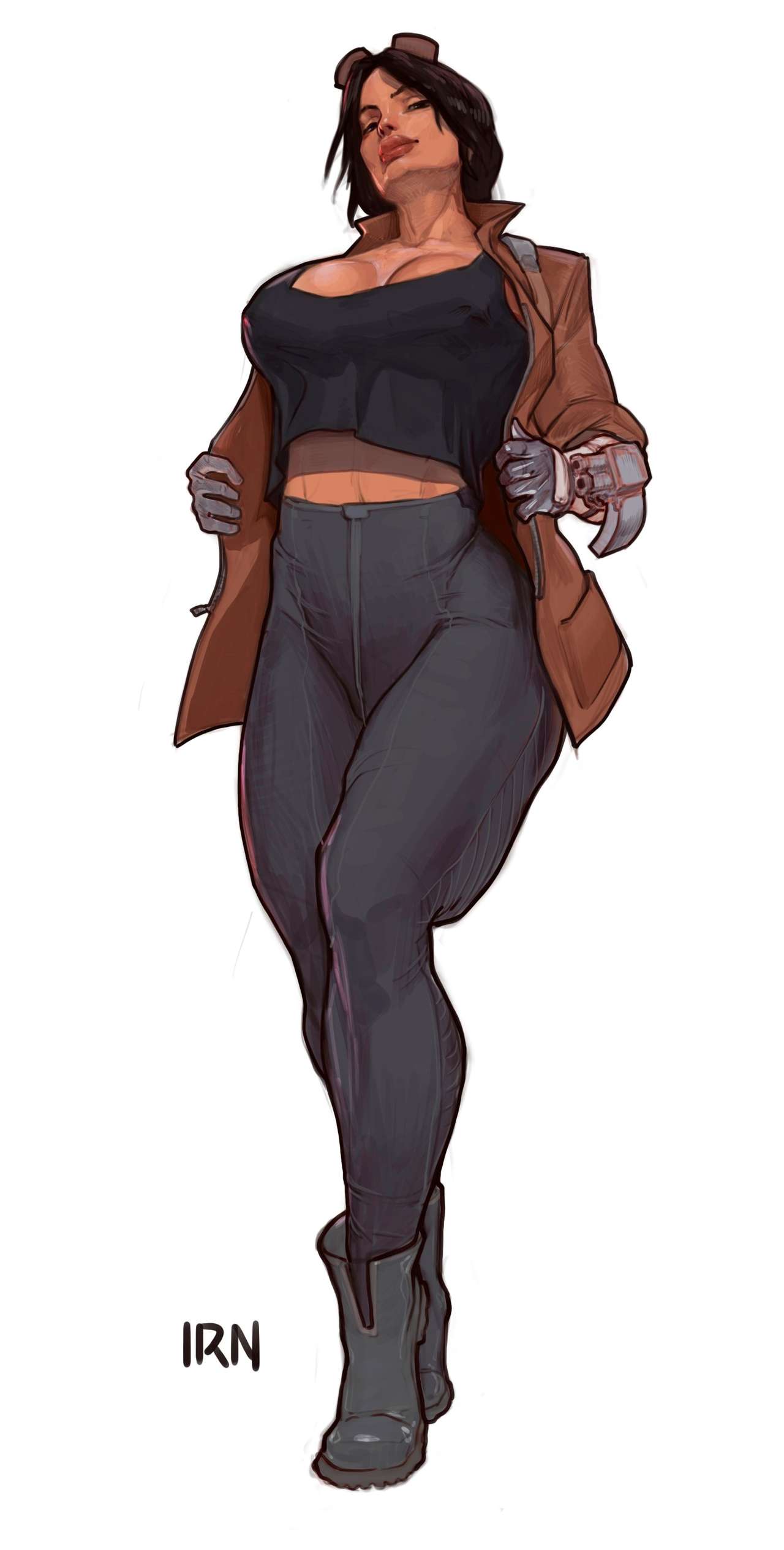 big breasts, breasts, brown hair, busty, cleavage, clothed, colored, female, female focus, female only, full body, iranon, low-angle view, thick thighs