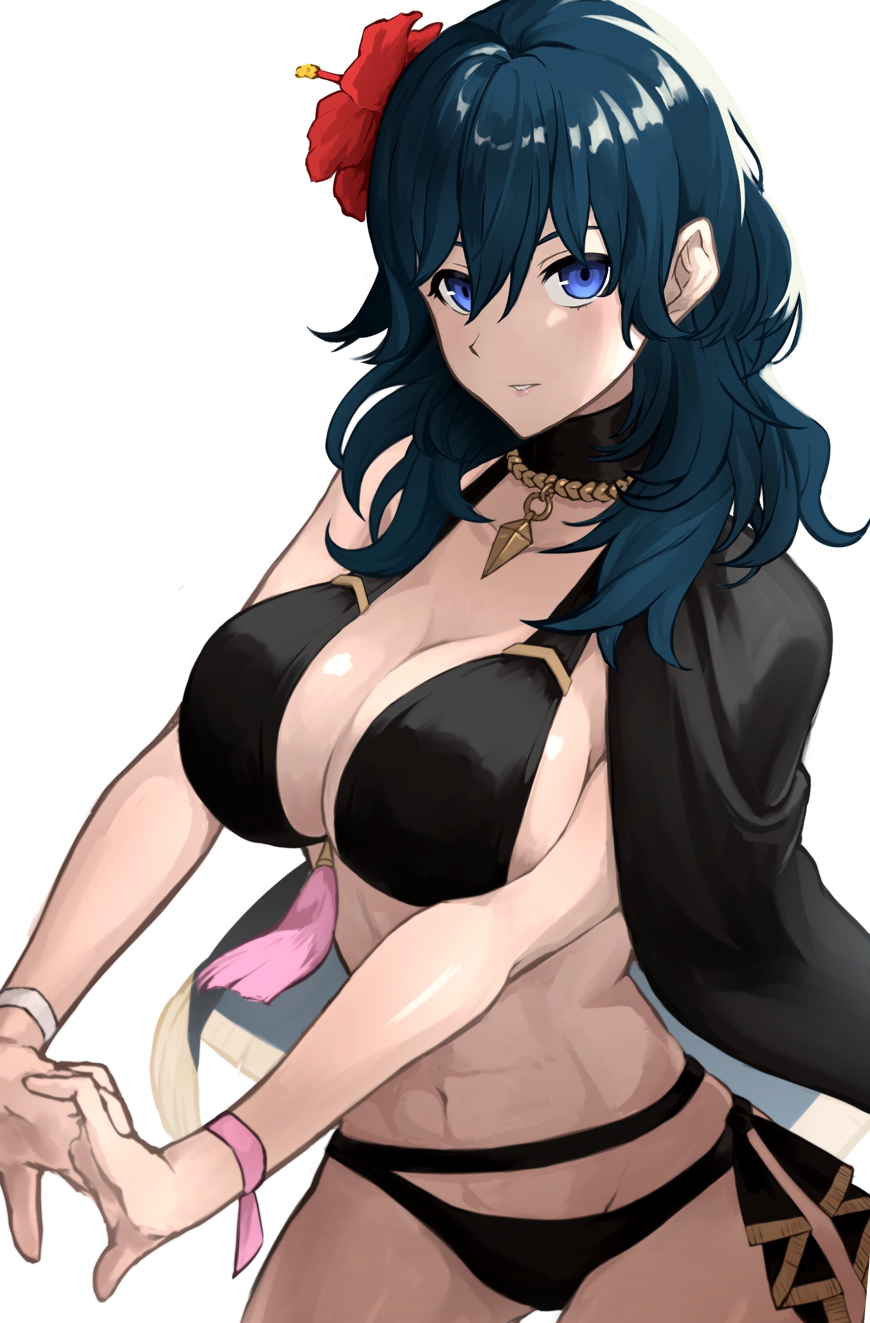 1girls, abs, absurdres, alternate costume, athletic, athletic female, bangs, bare shoulders, bikini, black bikini, black coat, black swimsuit, blue eyes, breasts, byleth (fire emblem), byleth (fire emblem) (female), cleavage, coat, collarbone, female, female abs, female only, fire emblem, fire emblem heroes, fire emblem: three houses, fit, fit female, flower, hair flower, hair ornament, highres, large breasts, looking at viewer, medium hair, midriff, navel, nintendo, official alternate costume, red flower, simple background, solo, swimsuit, teal hair, zuzu (ywpd8853)