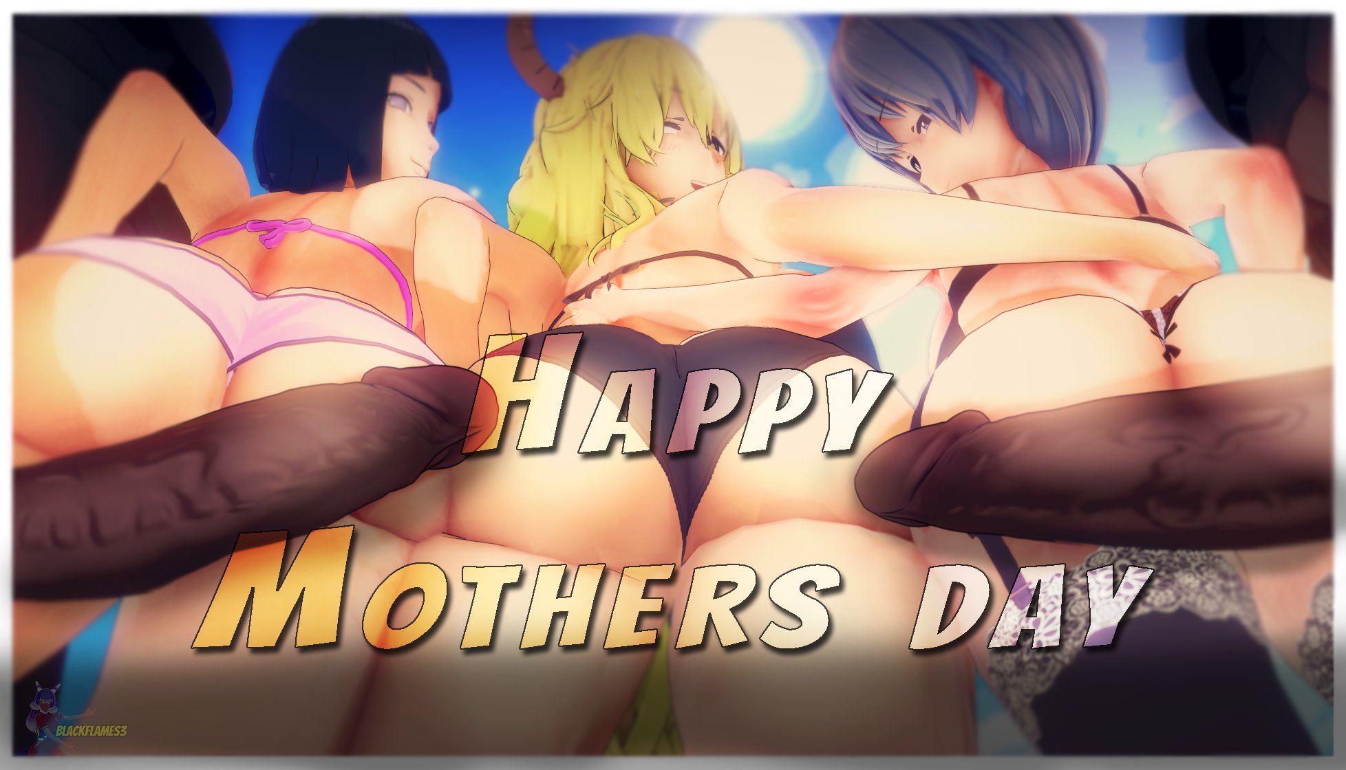 2boys, 3girls, ass, big ass, big butt, big penis, black hair, black legwear, black panties, blackflames3, boruto: naruto next generations, dark skin, dark-skinned male, english text, female, garter straps, grey hair, hinata hyuga, horns, interracial, kobayashi-san chi no maidragon, legwear, looking back, lucoa, male, mother's day, naruto, naruto (series), open mouth, panties, penis, pink panties, purple eyes, quetzalcoatl (dragon maid), rear view, short hair, smile, text, thick thighs, uzaki tsuki, uzaki-chan wa asobitai!, yellow hair