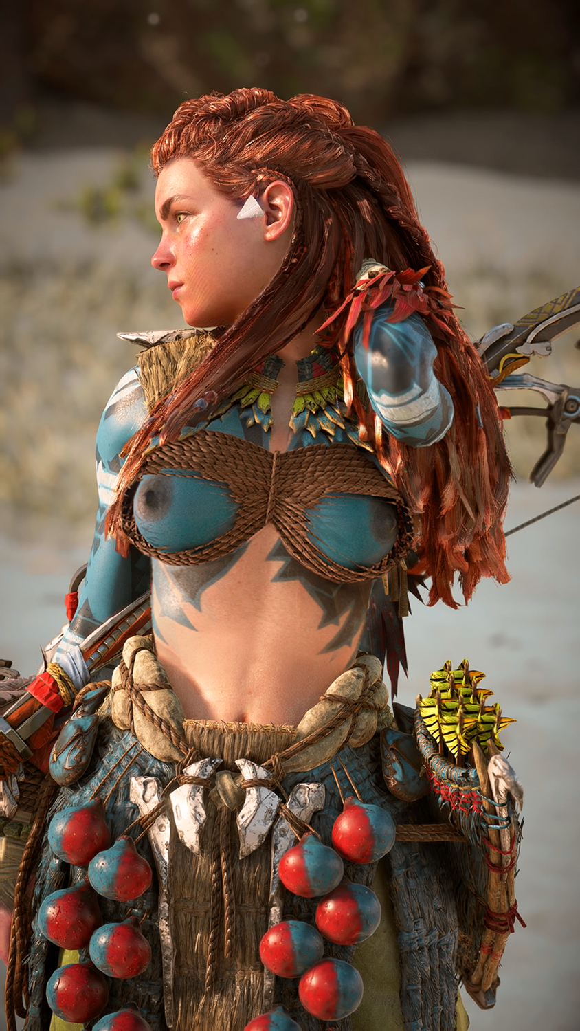 1girls 3d accurate_art_style aloy alternate_costume areolae belly_button bodypaint braid braided_hair breasts breasts_out canon clipping female female_only ginger glitch horizon_forbidden_west horizon_zero_dawn in-game medium_breasts midriff navel nipples official_art orange_hair outdoors outside painted_breasts playstation posing red_hair redhead teenager topless topless_female tribal wardrobe_malfunction