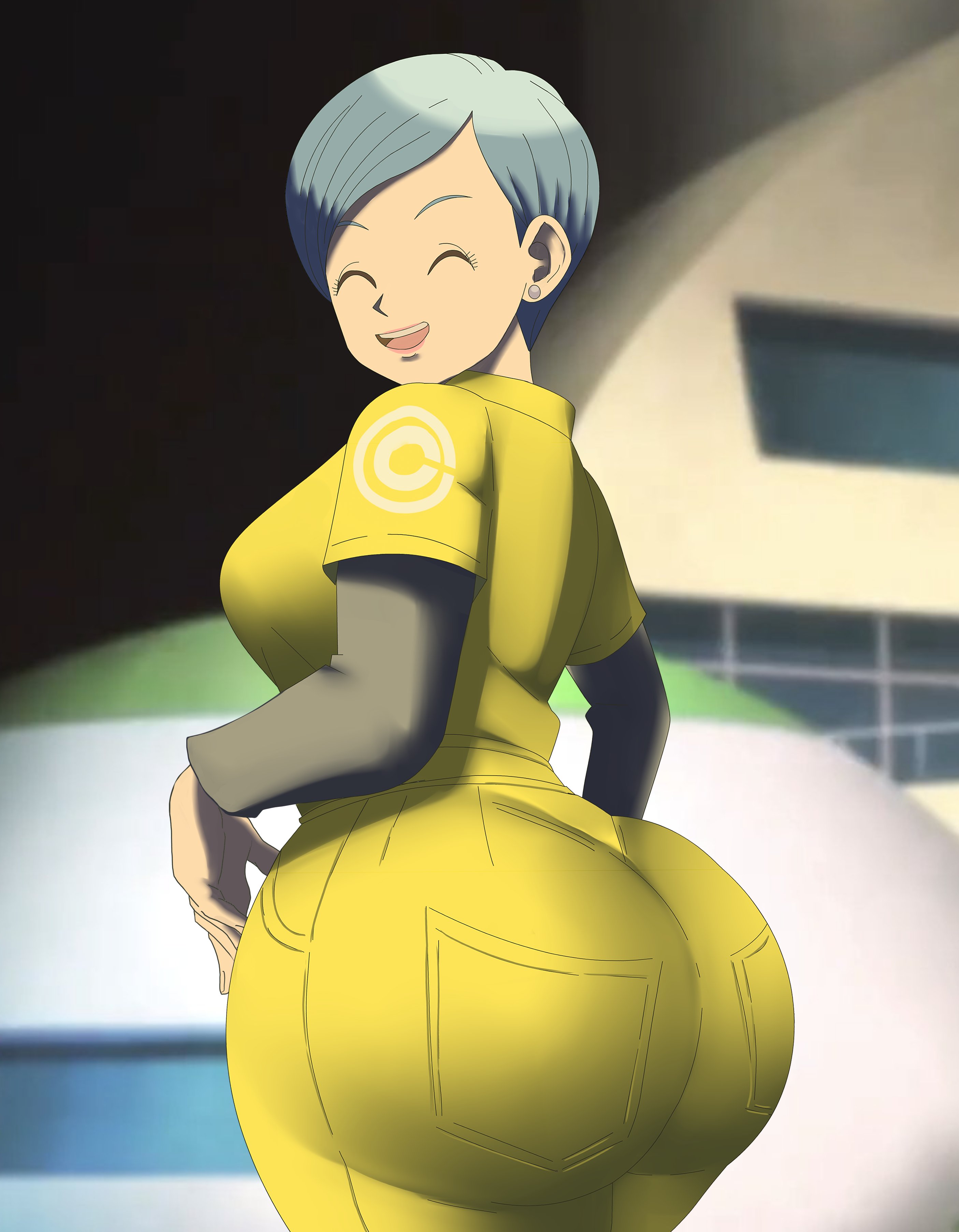 1girls, ass, ass focus, big ass, blue hair, bottom heavy, breasts, bubble ass, bubble butt, bulma briefs, bulma briefs (dragon ball super superhero), canonical scene, closed eyes, clothing, divine wine, dragon ball, dragon ball super, dragon ball super super hero, ear piercing, fat ass, female, female only, jumpsuit, looking at viewer, looking back, milf, open mouth, piercing, sideboob, smile, solo, thick thighs, vampiranhya (artist), wide hips