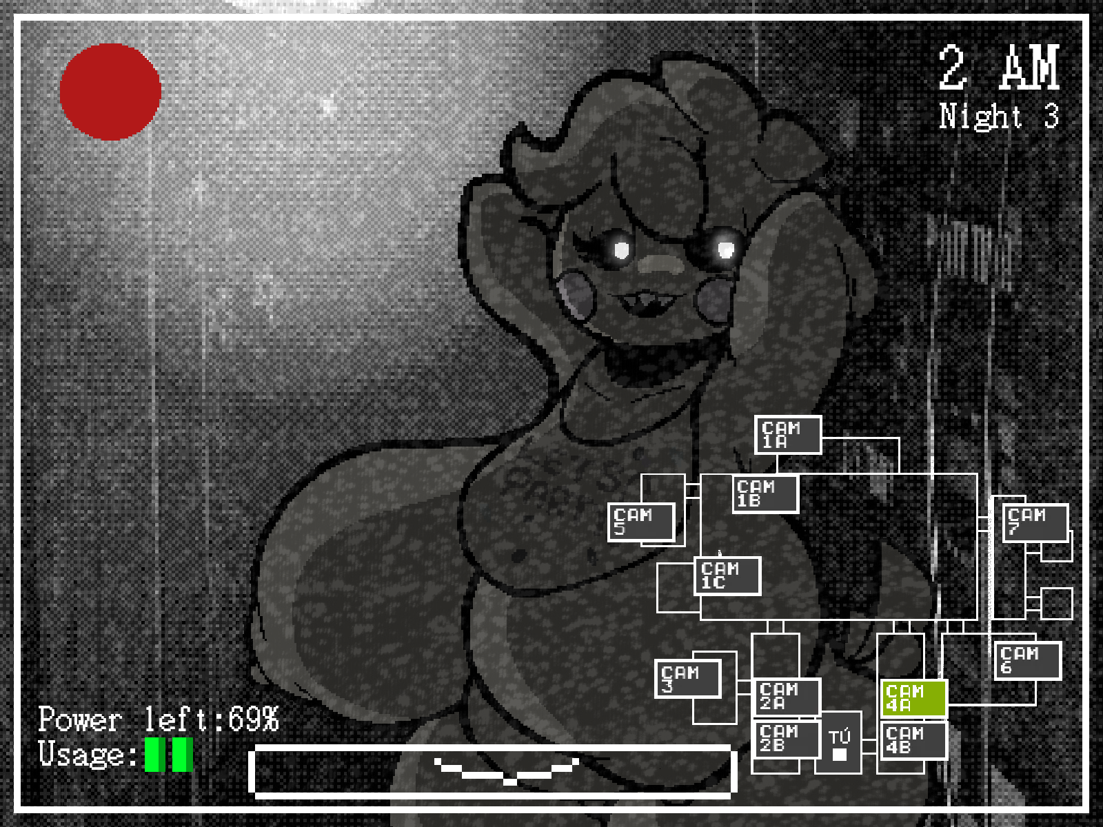 anthro, big breasts, breasts, camera view, female, five nights at freddy's, five nights at freddy's 2, fnaf, fnaf1 location, pixel art, robot, solo, toy chica (fnaf), windreg