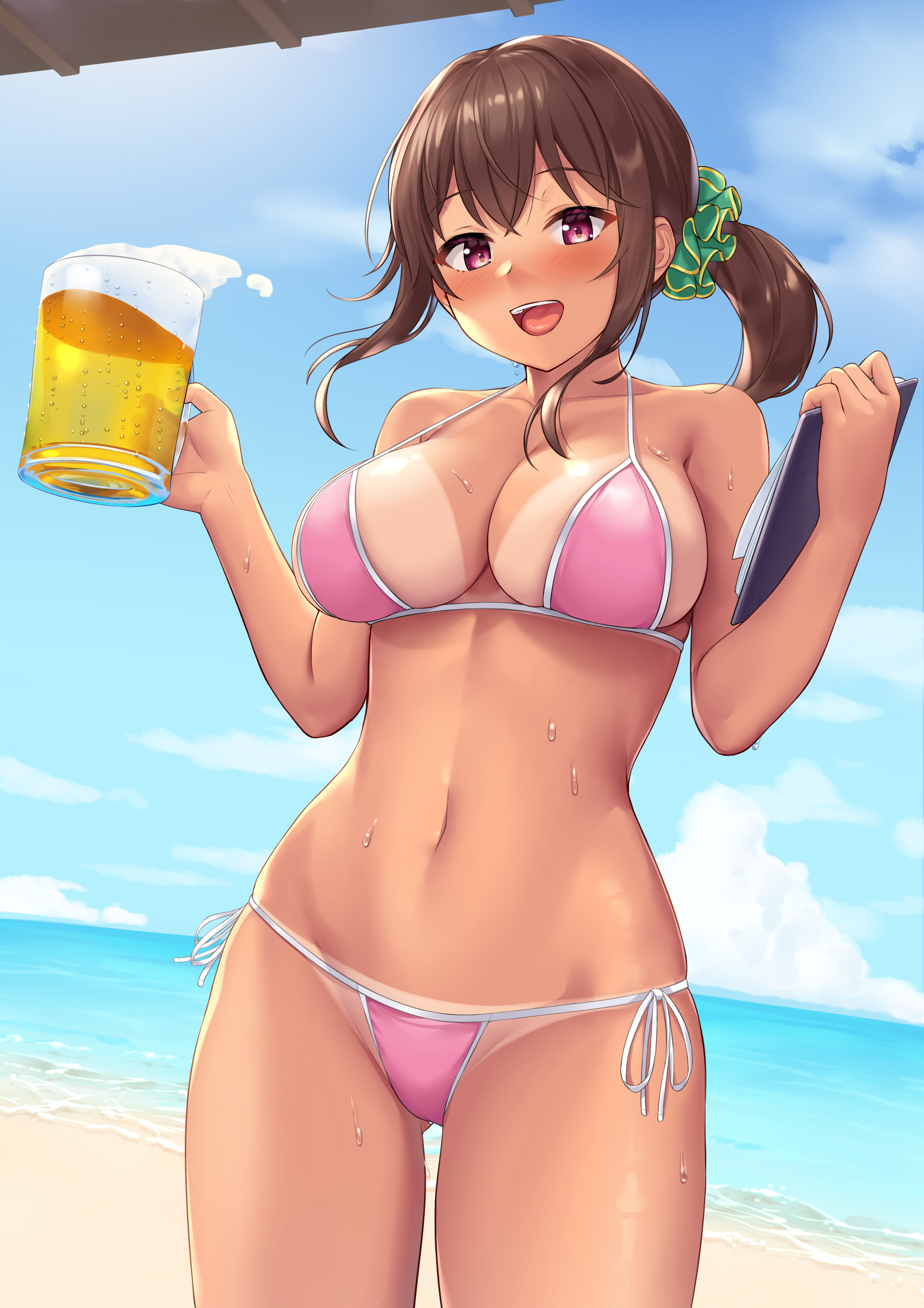 1girls, alcohol, beach, beer, beer mug, bikini, bikini tan, breasts, brown hair, cowboy shot, dark skin, dark-skinned female, drink, female, female only, looking at viewer, medium breasts, original, original character, pink bikini, pink eyes, sawada yuusuke, summer, sweat, tan, tan body, tan skin, tanline