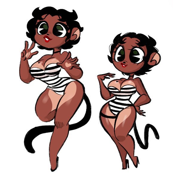 animal_nose anthro ass black_hair bobbi_(ohthesunnyside) breasts brown_fur garter_band heels hourglass_figure large_breasts leotard long_legs monkey monkey_girl monkey_tail ohthesunnyside overflowing_breasts red_lipstick short_hair striped_clothing striped_leotard thick_thighs thighs thin_waist white_background