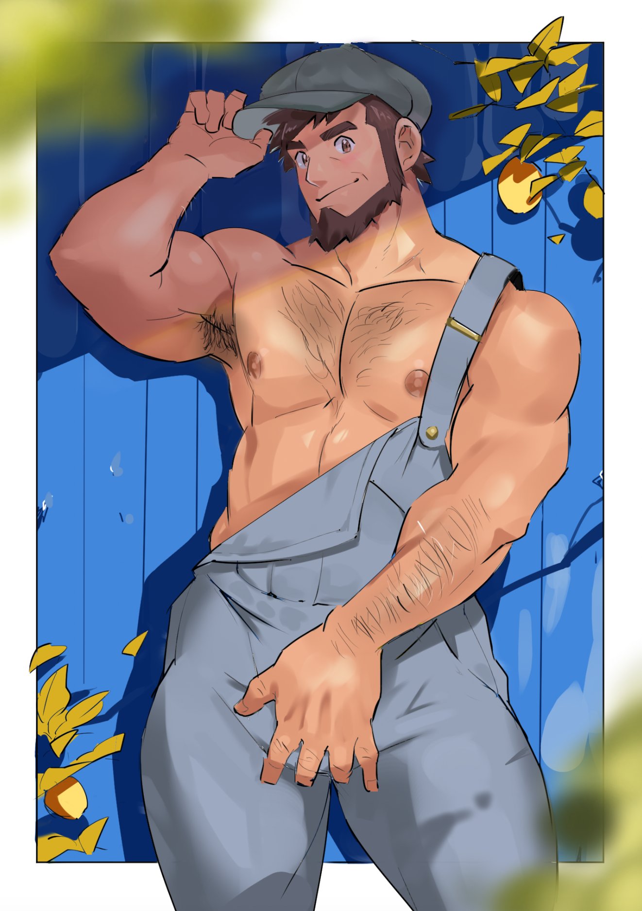 1boy arm_hair armpit armpit_hair beard big_hands body_hair brown_beard brown_hair bulge_grab chest_hair clothed grabbing_bulge hat jumpsuit male male_focus male_only mechanic meyer muscular_arms muscular_male nintendo pokemon pokemon_(anime) pokemon_xy rimoune solo tofulabo