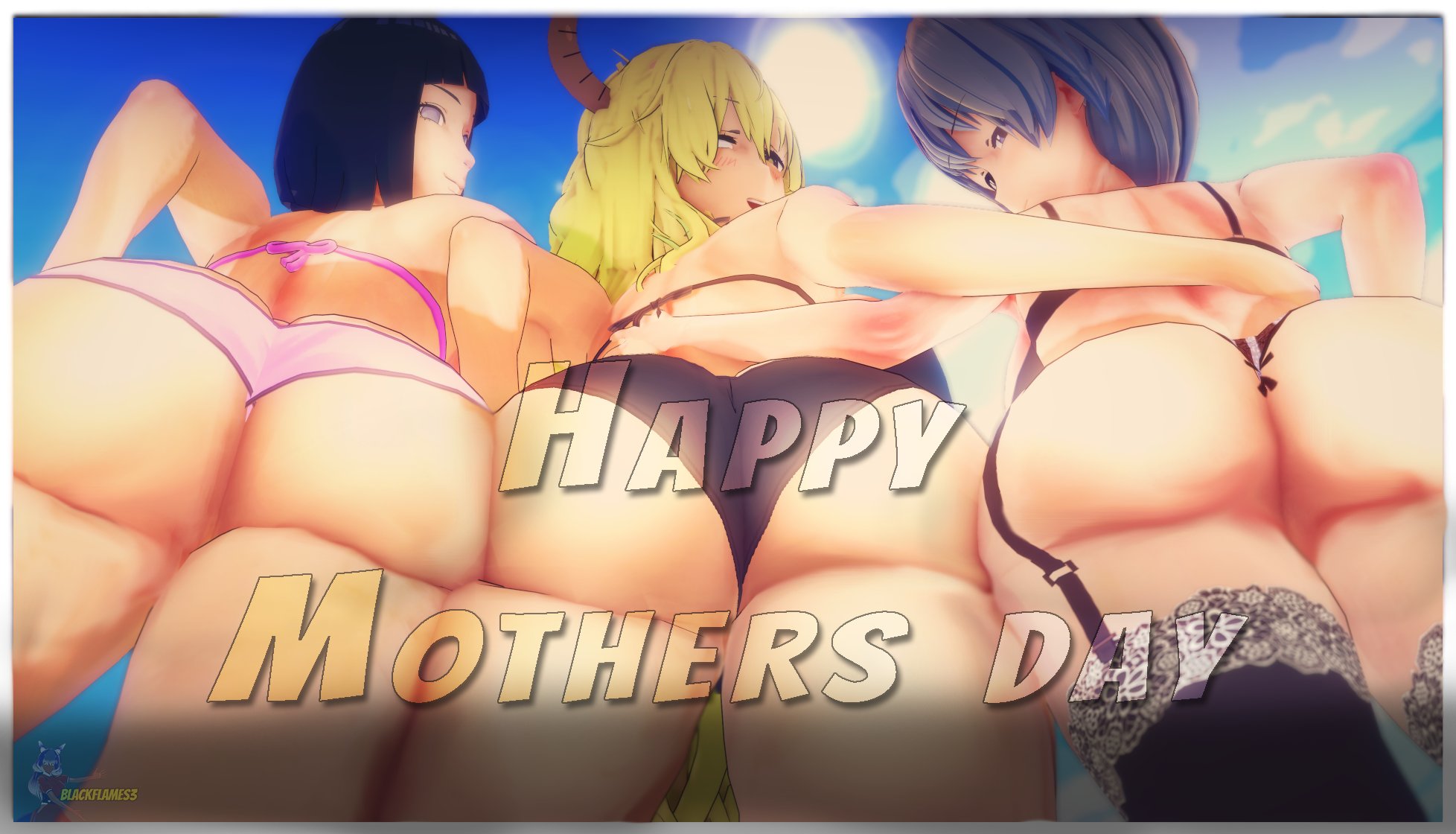 3girls, ass, big ass, big butt, black hair, black legwear, black panties, blackflames3, boruto: naruto next generations, english text, female, female only, garter straps, grey hair, horns, hyuuga hinata, kobayashi-san chi no maidragon, legwear, looking back, lucoa, lucoa (maidragon), miss kobayashi's dragon maid, mother's day, multiple females, multiple girls, naruto, naruto (series), open mouth, panties, pink panties, purple eyes, quetzalcoatl (dragon maid), rear view, short hair, smile, text, thick thighs, underwear, uzaki tsuki, uzaki-chan wa asobitai!, uzumaki hinata, yellow hair