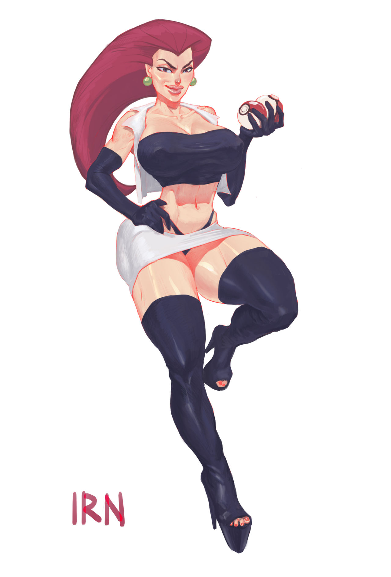 1girls, alternate version available, clothed, clothed female, clothes, clothing, colored, earrings, female, female only, fully clothed, human, human only, iranon, jessie (pokemon), long hair, pokemon, red hair, revealing clothes, skirt, solo, solo female, thong, whale tail