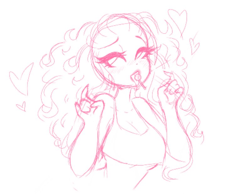 1girls blowjob_gesture breasts cleavage crop_top curly_hair female female_focus handjob_gesture heart lollipop long_hair looking_off_screen ohthesunnyside rachel_(ohthesunnyside) sketch solo solo_female tongue_out white_background