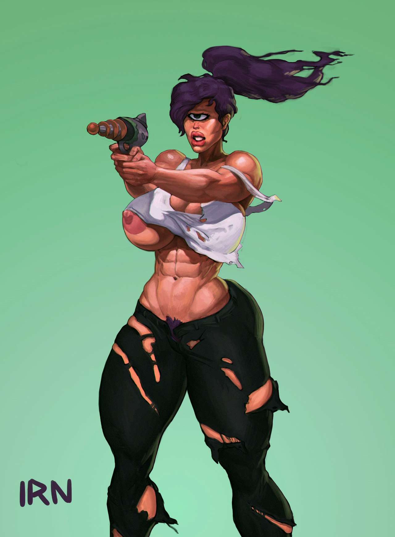 1girls abs big_ass big_breasts big_butt breasts_out bursting_breasts clothed colored female female_focus female_only futurama gun huge_breasts iranon large_areolae muscles muscular muscular_female pubes pubic_hair purple_hair ripped_clothing thick_thighs turanga_leela