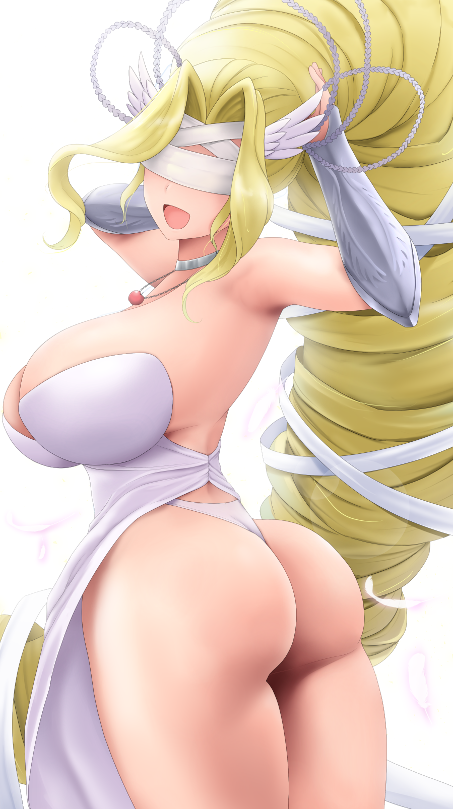 1girls absurdly_long_hair ass back back_view blindfold blonde_hair boobs_and_butt_pose breasts cleavage clothed dat_ass digimon digimon_(species) dress feathers female female_only goddess head_wings highleg highleg_panties highres huge_ass huge_breasts large_breasts legs long_hair looking_back necklace o-ring olympos_xii open_mouth otohukebonne panties revealing_clothes shiny shiny_hair shiny_skin simple_background skimpy skindentation smile solo thong underwear venusmon very_long_hair white_background white_dress white_panties