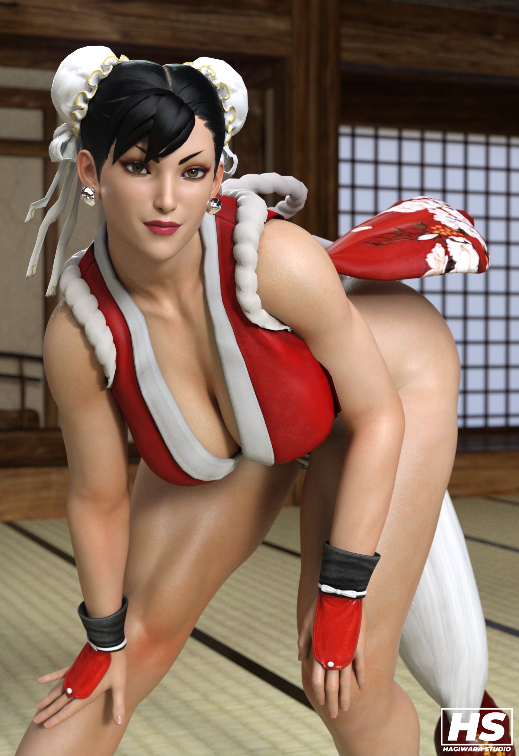 1girls, 3d, big breasts, breasts, brown eyes, capcom, chun-li, cosplay, crossover cosplay, female, female only, hagiwara studio, mai shiranui (cosplay), solo, street fighter, street fighter v, thick thighs