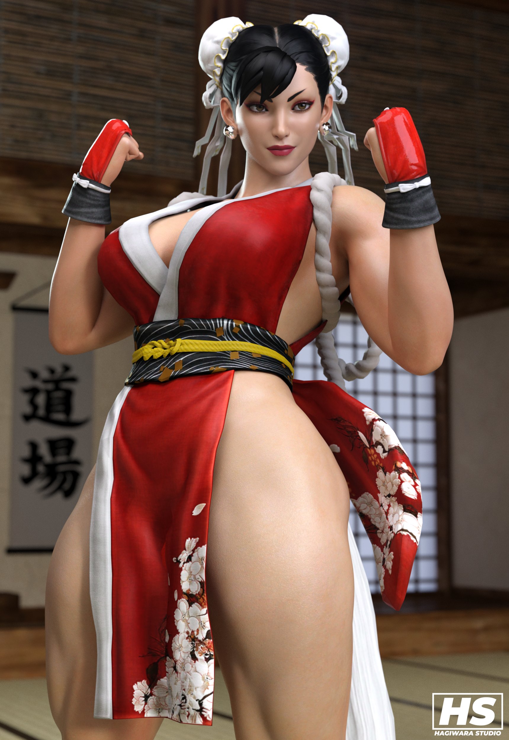 1girls, 3d, big breasts, breasts, brown eyes, capcom, chun-li, cosplay, crossover cosplay, female, female only, hagiwara studio, mai shiranui (cosplay), solo, street fighter, street fighter v, thick thighs