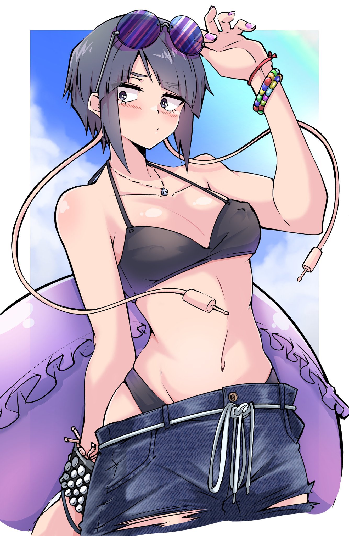 1girls, bikini, breasts, busty, female, female focus, female only, hourglass figure, kyoka jiro, my hero academia, pinup, pinup pose, purple hair, purple-haired female, shinonome mozuku, standing, tagme, wide hips
