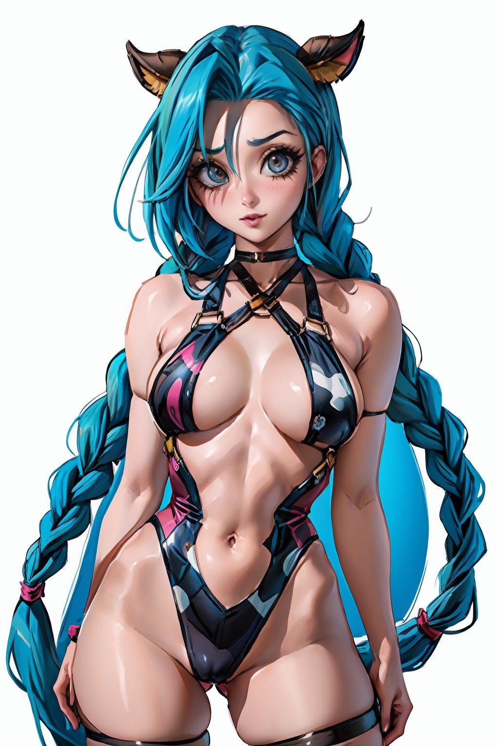 1girls, ai generated, bikini, blue hair, breasts, clothed, cow ears, cow girl, cow print, embarrassed, female, female only, hair, jinx (league of legends), league of legends, long hair, lux paladin, medium breasts, riot games, swimsuit, thick thighs, thighs, twintails