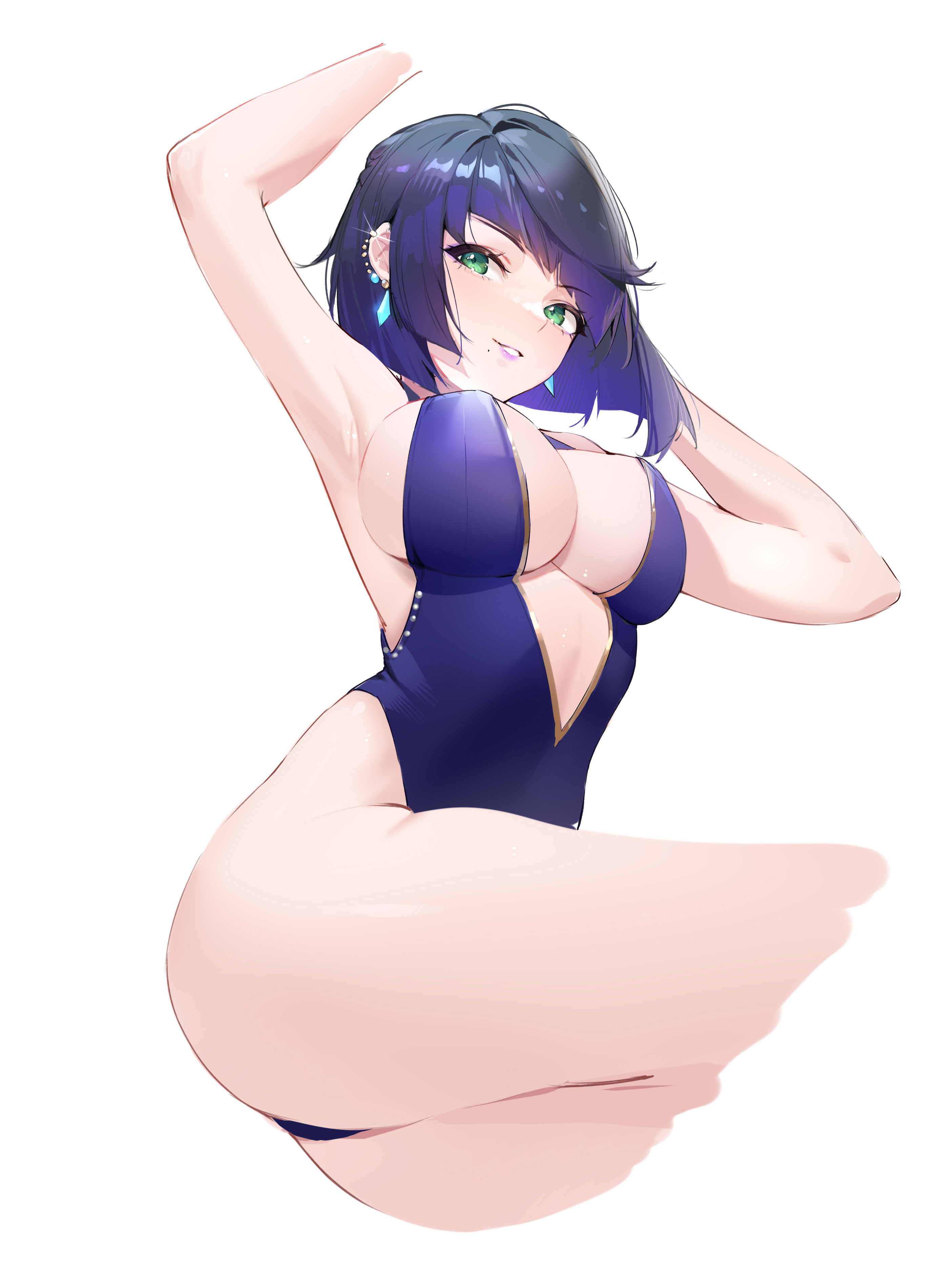 1girls, armpits, blue hair, breasts, female, genshin impact, green eyes, hi res, large breasts, short hair, smile, solo, swimsuit, thighs, yelan (genshin impact)