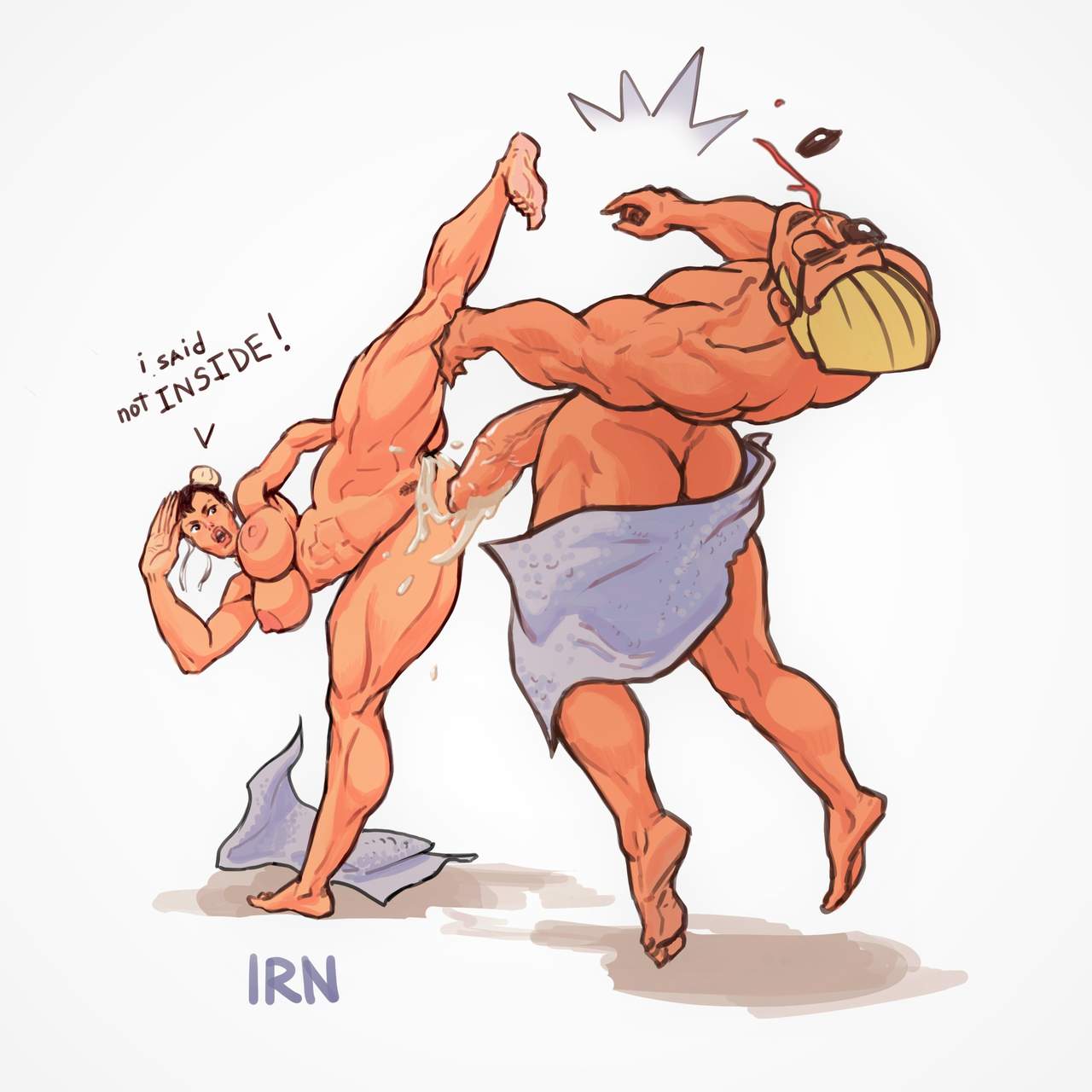 1boy, 1girls, angry, asian, asian female, balls, big balls, big penis, chun-li, colored, crossover, eastern and western character, ejaculation, female, femdom, foreskin, huge balls, huge cock, human, human male, interracial, iranon, johnny bravo, johnny bravo (series), light skin, light-skinned male, male, male/female, muscular, muscular female, muscular male, penis, street fighter, tagme, uncircumcised, uncut