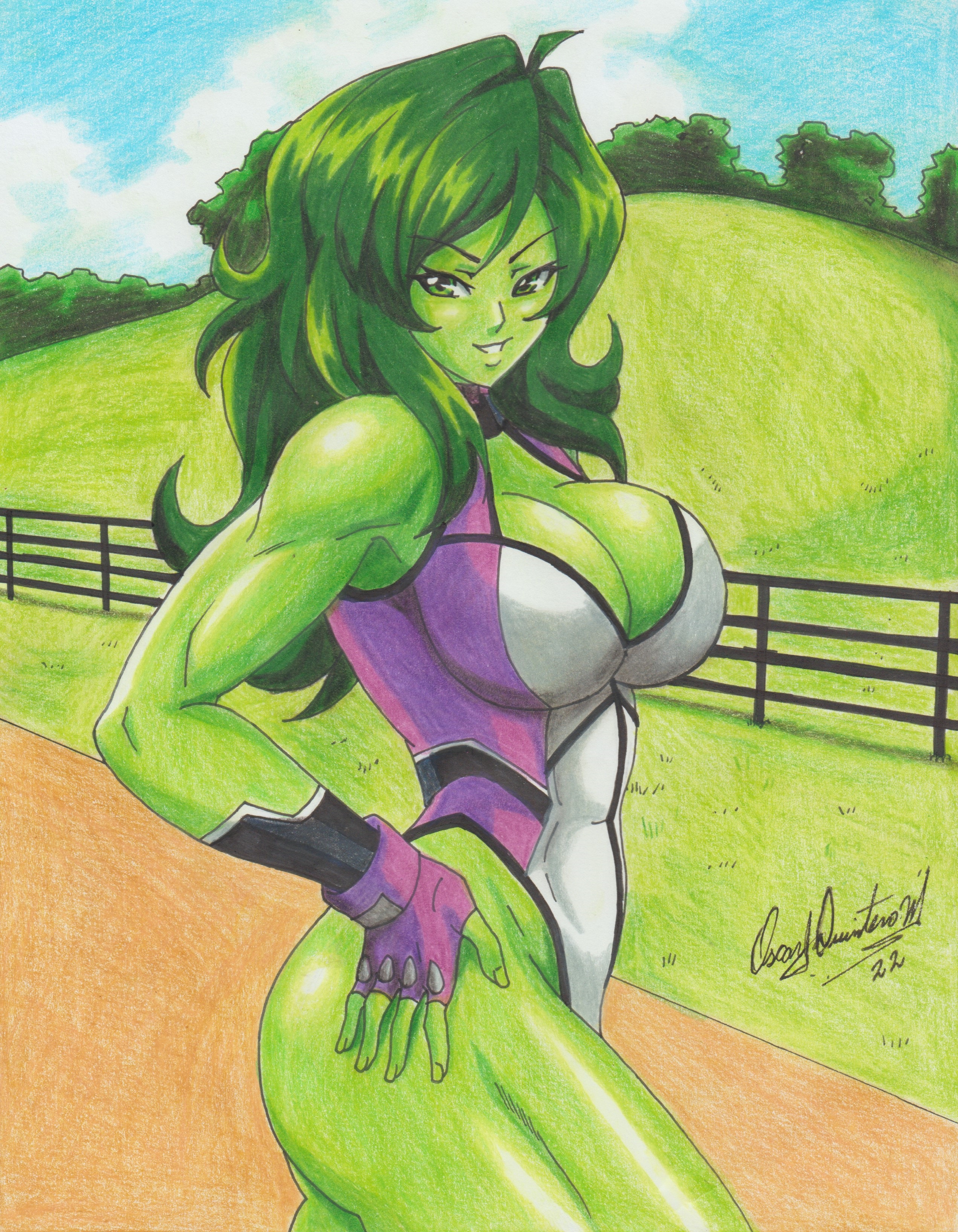 1girls, 2022, abs, absurd res, artist signature, bare thighs, biceps, big breasts, breasts, cleavage, clothed, color, commission, dated, detailed background, drawn, female, female only, fingerless gloves, green body, green eyes, green hair, green skin, hi res, huge breasts, hulk (series), large breasts, leotard, long hair, looking at viewer, marvel, marvel comics, muscles, muscular, muscular arms, muscular female, pencil (artwork), ravern clouk, revealing clothes, she-hulk, solo, solo female, superheroine, thick thighs