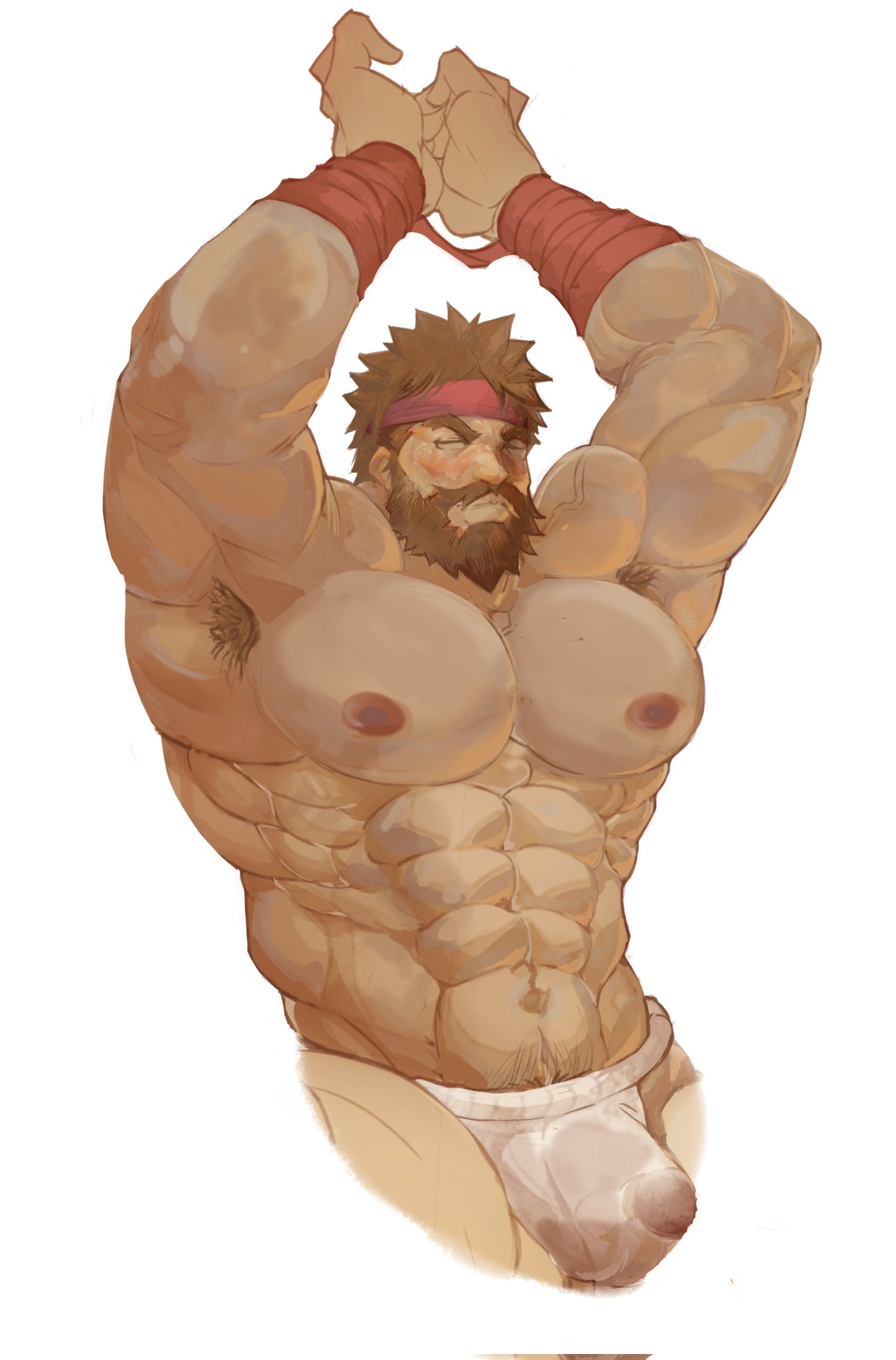 arms_up balls bara beard big_pecs bighaozi bound bound_wrists bulge capcom fundoshi gay headband male male_only muscles muscular penis ryu_(street_fighter) solo solo_male street_fighter