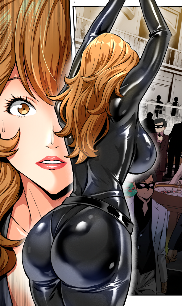 2022 big_ass big_breasts clothed huge_ass huge_breasts itachou latex latex_bodysuit leather lupin_iii manga_action mine_fujiko sweat sweatdrop tms_entertainment