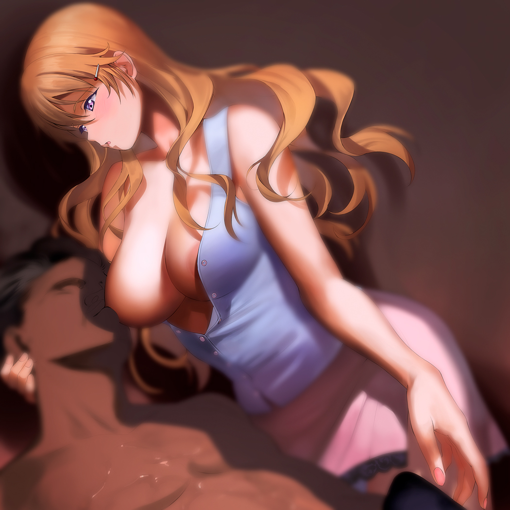 1boy a1 blue_shirt breast_sucking breasts brown_hair clothed_female_nude_male commentary_request copyright_request female hair_ornament hairclip large_breasts long_hair looking_at_another male nude penis pink_skirt purple_eyes shirt skirt straight