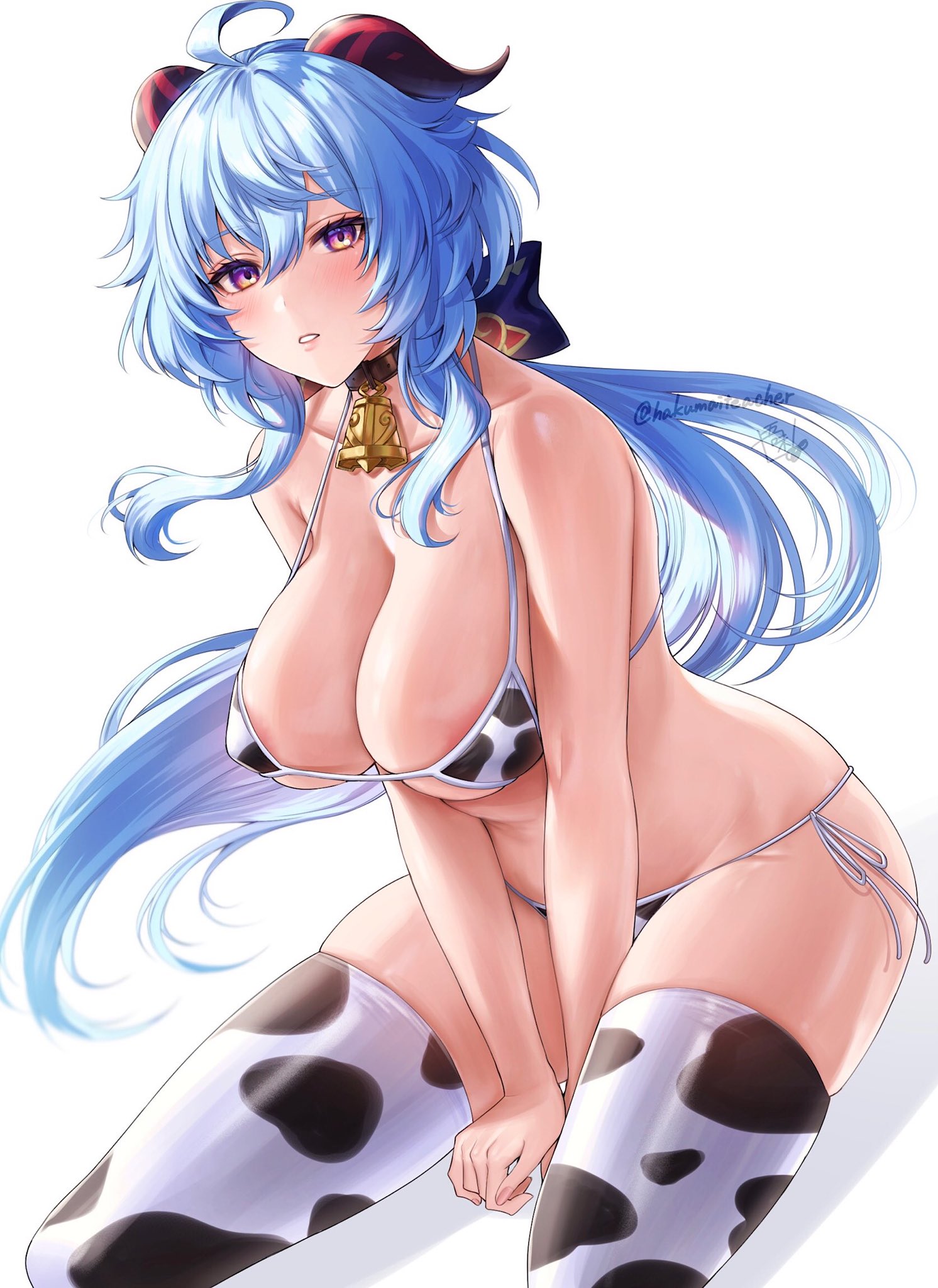 ahoge, animal print, areola slip, bell, big breasts, bikini, blue hair, breasts, cleavage, cow print, female, ganyu (genshin impact), genshin impact, gomi (hakumaiteacher), hair between eyes, hand on floor, highres, horns, hourglass figure, huge breasts, kneeling, large breasts, long hair, looking at viewer, low ponytail, neck bell, parted lips, print bikini, print legwear, purple eyes, revealing clothes, seductive, seductive eyes, seductive gaze, seductive look, seductive pose, seiza, side-tie bikini, sidelocks, sitting, solo, strap gap, string bikini, swimsuit, thick thighs, thighhighs, very long hair, voluptuous, yokozuwari