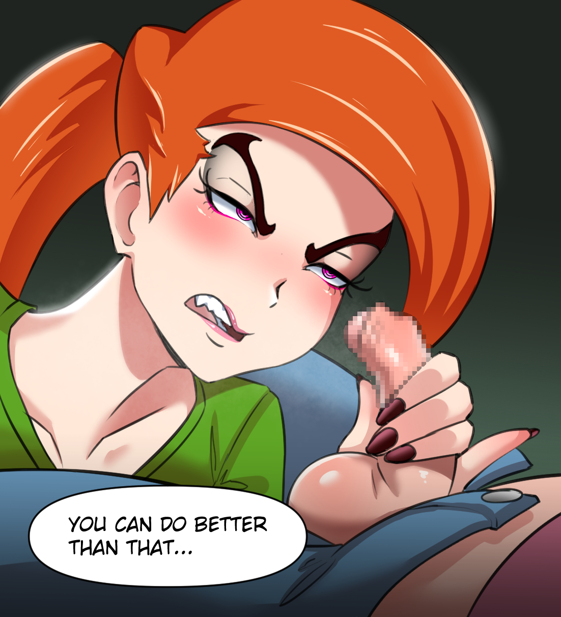 1boy, 1girls, age difference, big breasts, bigger female, breasts, busty, censored, curvaceous, curves, curvy, curvy body, curvy female, curvy figure, dialogue, female, female focus, foreskin, handjob, huge breasts, large breasts, light skin, light-skinned female, light-skinned male, male, mosaic censoring, older female, older female and younger male, orange hair, partially retracted foreskin, penis, retracted foreskin, small penis, smaller male, softshikioni, teenage female, text, the fairly oddparents, timmy turner, uncircumcised, uncut, vicky (fairly odd parents), voluptuous, younger male