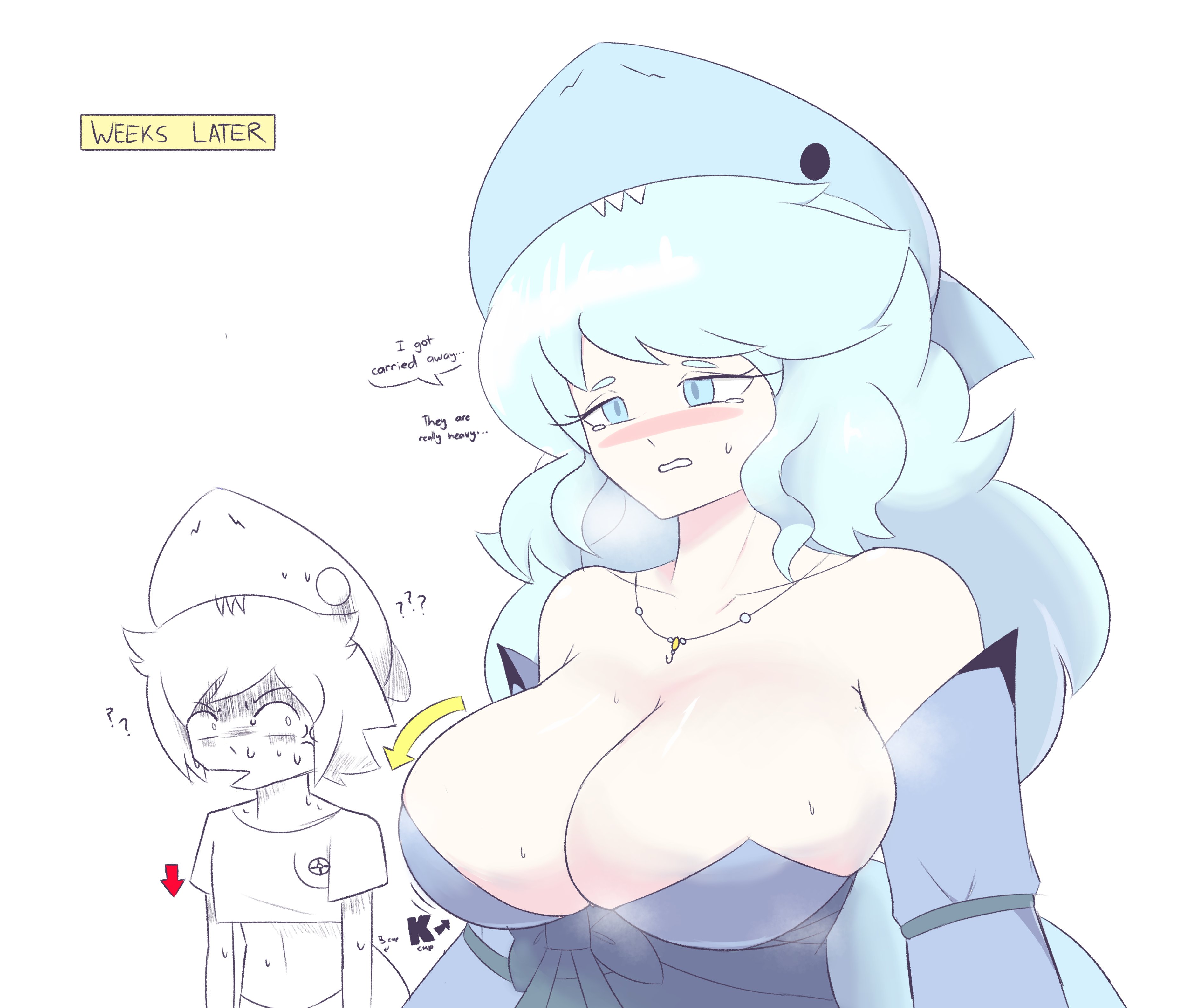 2d, 2girls, big breasts, blue hair, breast envy, breast expansion, breast growth, breast growth (enlargement), breasts, char (emmarrgus), clothed, clothing, dialogue, emmarrgus, female, female focus, female only, highres, light blue hair, long hair, multiple females, multiple girls, oxyri (emmarrgus), shark, shark girl, shark humanoid, shark tail, speaking, speech bubble, tagme, talking, text