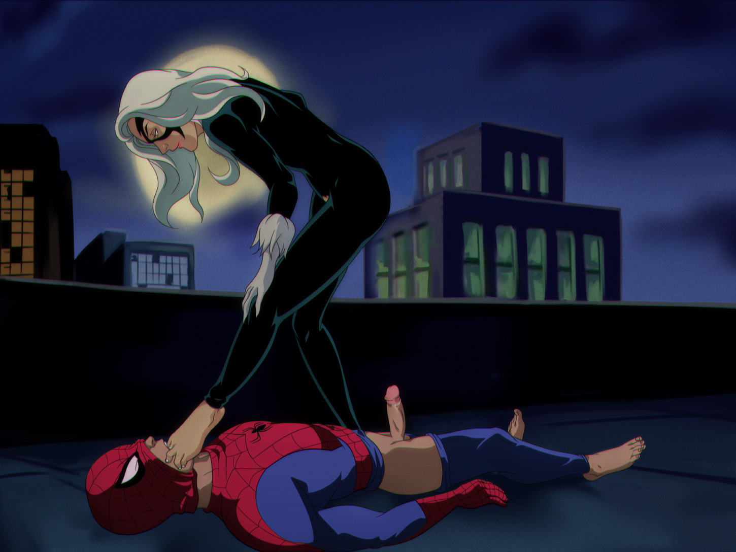 1boy, 1girls, black cat (marvel), black cat (spider-man: the animated series), breasts, elmrtev, felicia hardy, female, femdom, foot fetish, light skin, light-skinned female, light-skinned male, male, malesub, marvel, marvel comics, penis, peter parker, spider-man, spider-man (series), spider-man: the animated series