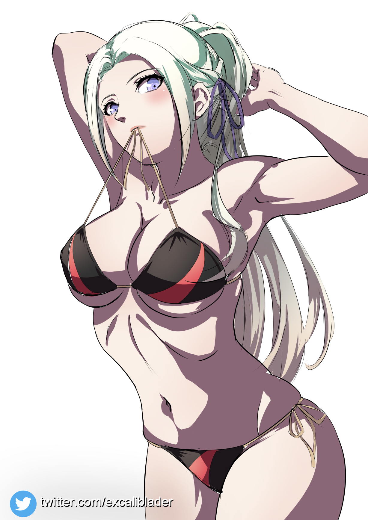 1girls, alternate costume, alternate hairstyle, bikini, black bikini top, black swimsuit, breasts, edelgard von hresvelg, excaliblader, female, female only, fire emblem, fire emblem: three houses, mouth hold, nintendo, ponytail, solo, swimsuit, white hair