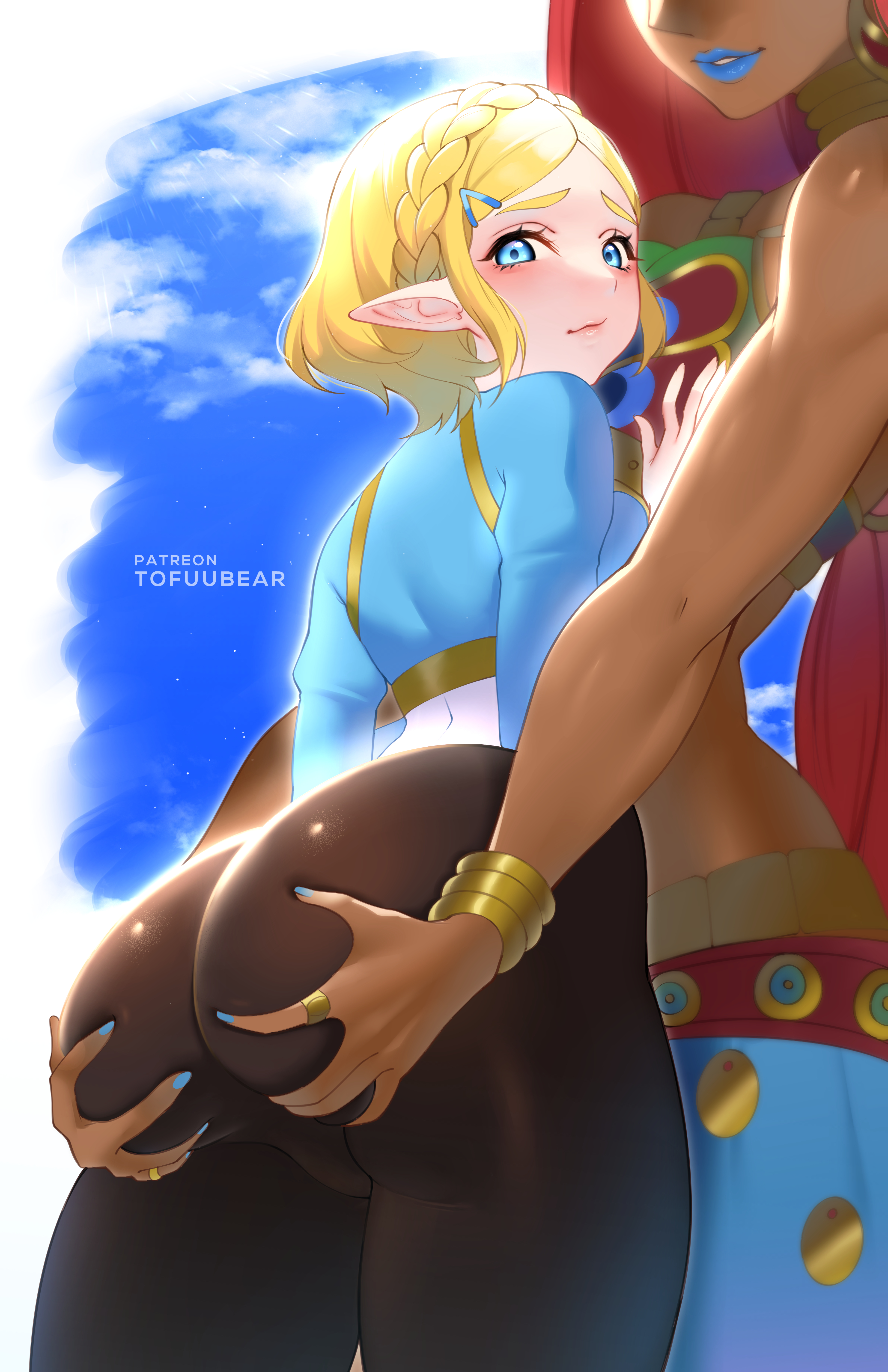 2girls, alternate version available, ass, ass grab, big ass, big butt, blonde hair, blue eyes, blue lipstick, blue nails, breath of the wild, dark skin, dark-skinned female, fat ass, female, female only, gerudo, hi res, highres, hylian, large ass, lipstick, nail polish, nintendo, pointy ears, princess zelda, tears of the kingdom, the legend of zelda, thick, thick ass, tofuubear, urbosa, voluptuous, yuri, zelda (tears of the kingdom)