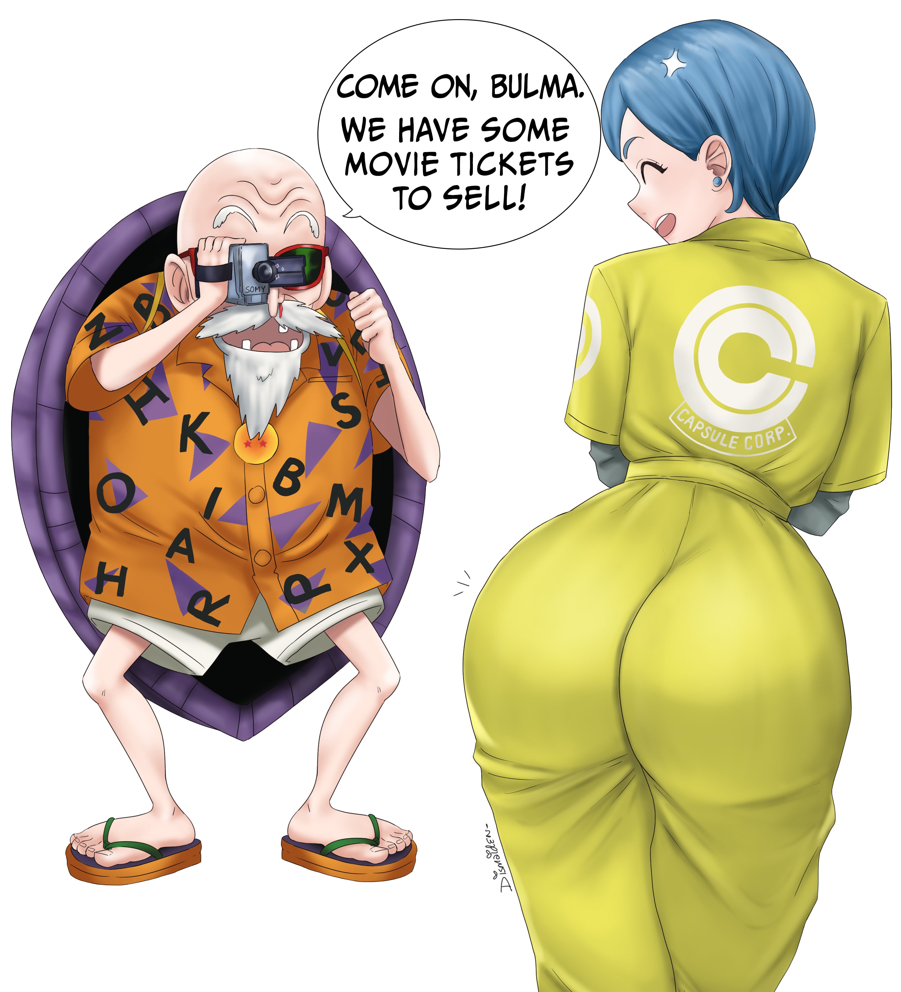 ass, big ass, big butt, blue hair, bulma briefs, bulma briefs (dragon ball super superhero), camera, different ass sizes, dismaiden, dragon ball, dragon ball super, dragon ball super super hero, female, funny, male, master roshi, old male, older male, recording, thick thighs