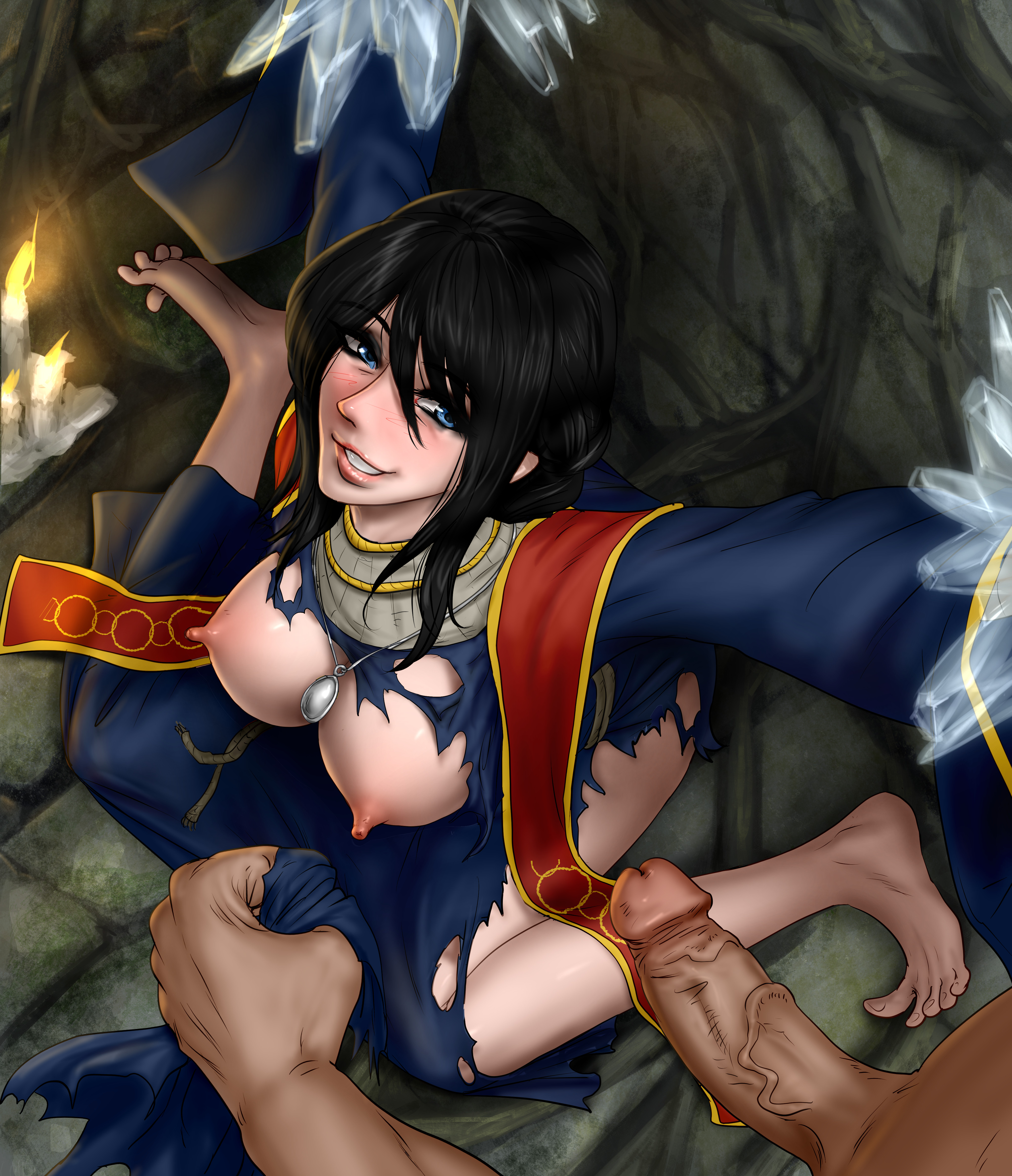 1girls, arms tied, arms up, ayaswan, black hair, bondage, captured, defeated, elden ring, erect nipples, erect penis, feet, female, female only, fromsoftware, imminent rape, imminent sex, male, nipples, penis, ripped clothing, smile, sorceress sellen, teacher, tied up, toes