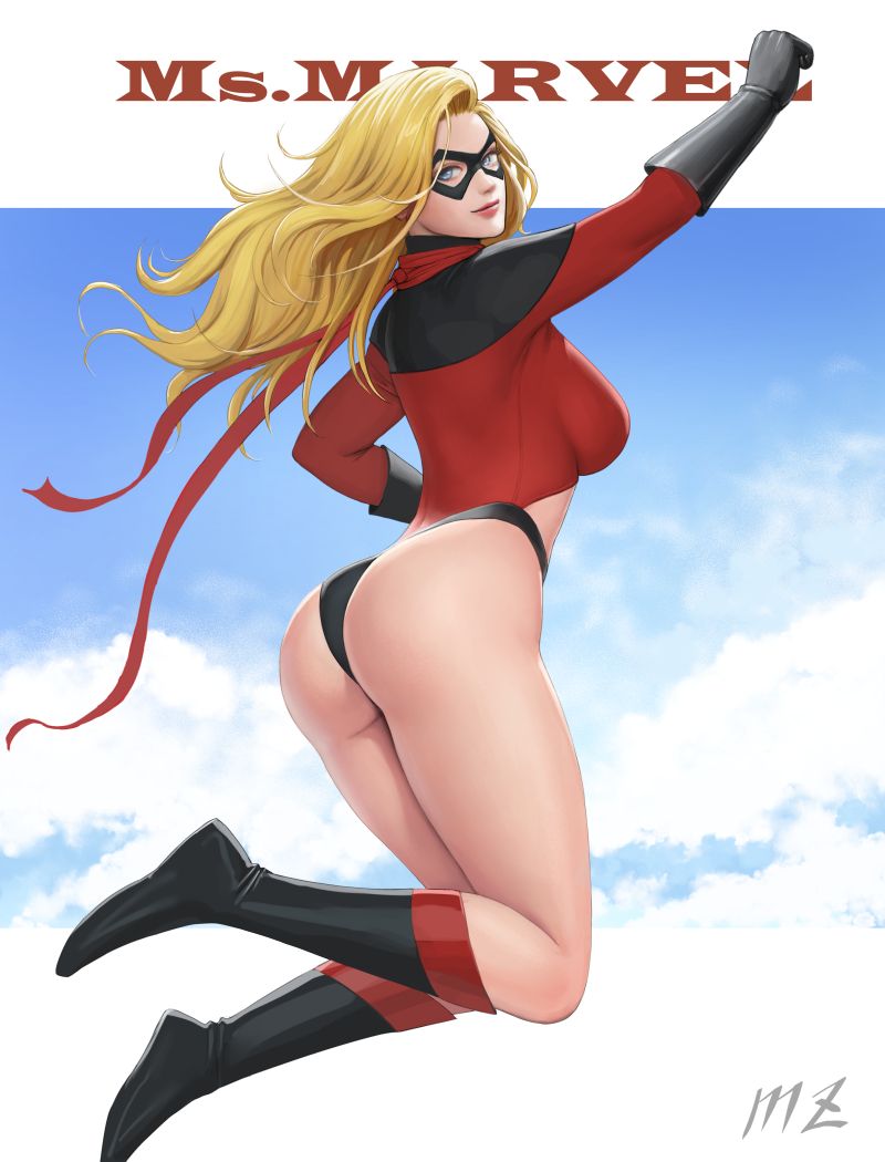 1girls ass bare_ass bare_thighs big_ass blonde_hair blue_eyes carol_danvers female female_only flying light-skinned_female looking_at_viewer marvel marvel_comics mezzo_(orbanga21) ms._marvel ms._marvel_(carol_danvers) no_pants rear_view superheroine thighs underwear