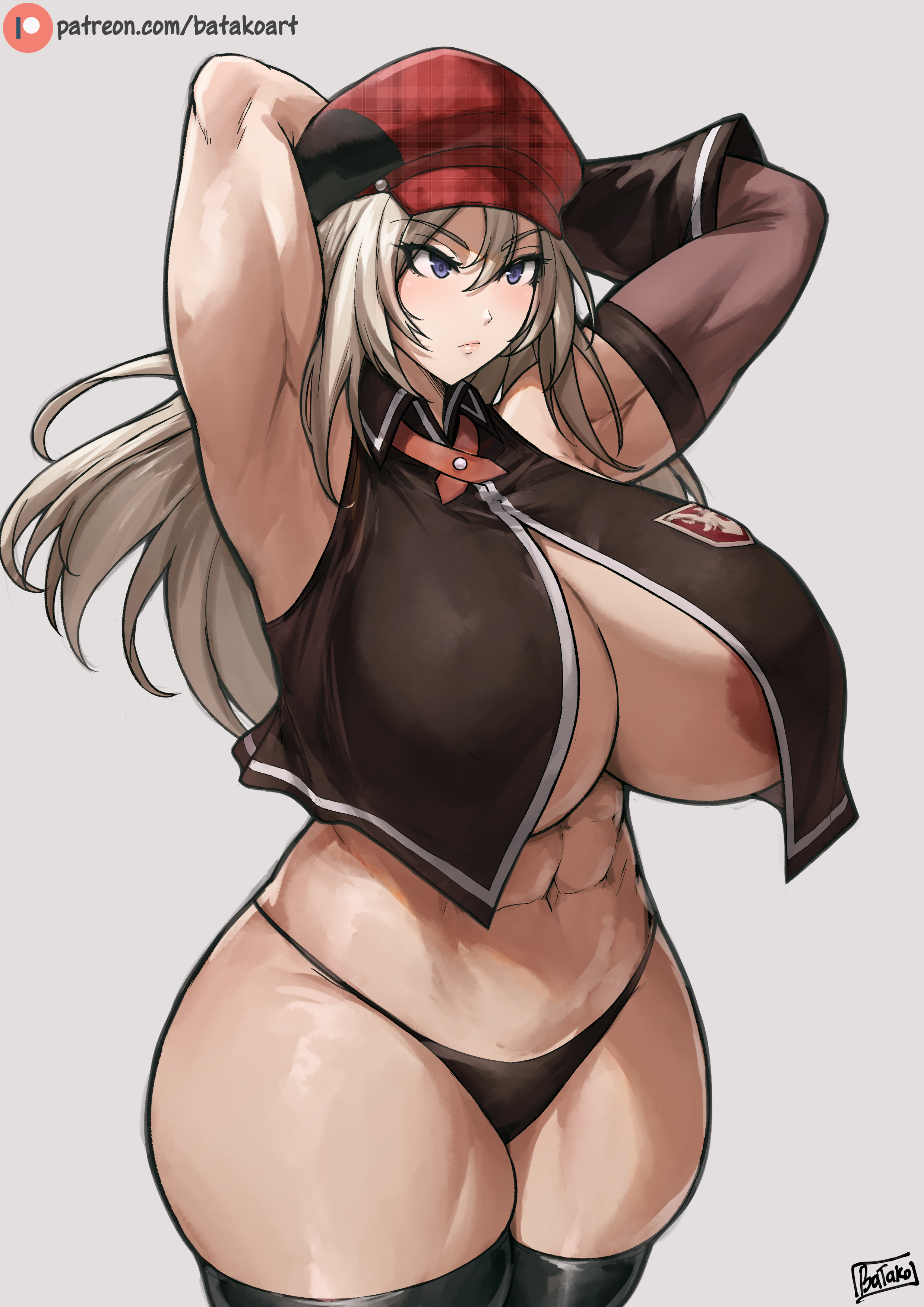 1girls, 2022, abs, absurd res, alisa ilinichina amiella, alternate breast size, armpits, arms behind head, arms up, artist signature, batako, bikini bottom, black panties, black topwear, blonde hair, blue eyes, breasts, female, female only, fit, fit female, god eater, hat, hi res, hips, huge breasts, long hair, muscular, muscular female, panties, slim waist, thick thighs, thighhighs, thighs, underboob, wide hips