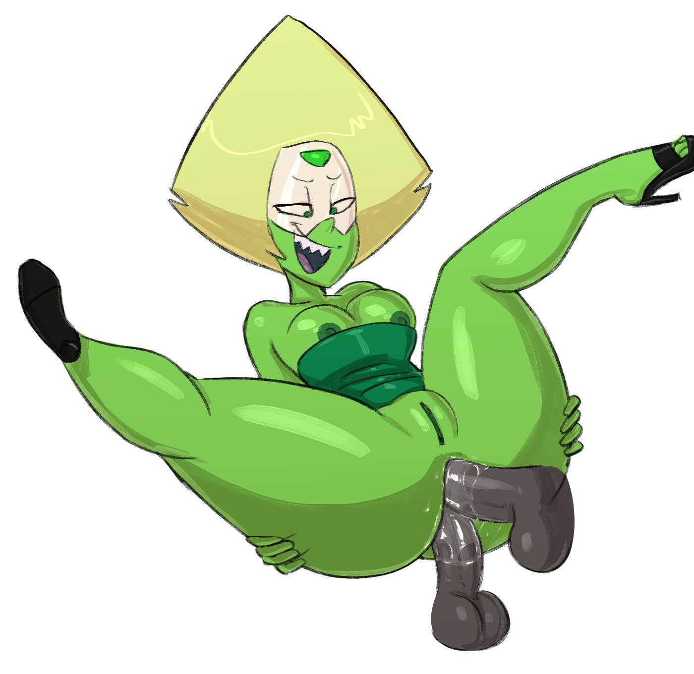 1girls, anal, anal sex, bare shoulders, cleavage, clothed, double anal, double penetration, female, female focus, female penetrated, green body, green skin, guillion (toshkarts), high heels, laying down, laying on floor, peridot (steven universe), pleasure face, pussy, sex, sharp teeth, simple background, smiling, spread legs, spreading, steven universe, thick thighs, vagina, white background, wide hips