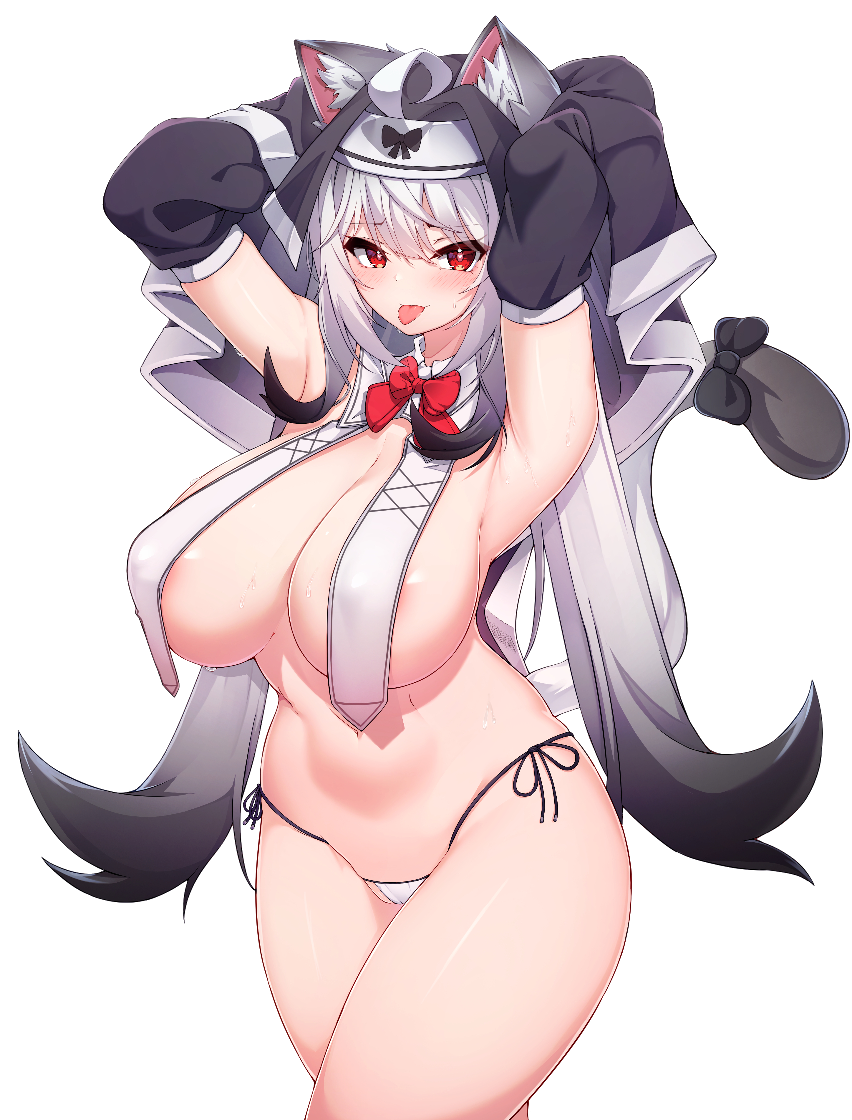 :p, 1girls, 2022, 5danny1206, absurdres, ahoge, animal ears, areola slip, armpits, arms behind head, bangs, black hair, breast curtains, breasts, cat ears, cat girl, cat tail, curvy, detached sleeves, eyebrows visible through hair, female, female focus, female only, highres, large breasts, long hair, looking at viewer, multicolored hair, nun, original, red eyes, simple background, solo, solo female, tail, thighs, tongue, tongue out, two-tone hair, white background, white hair