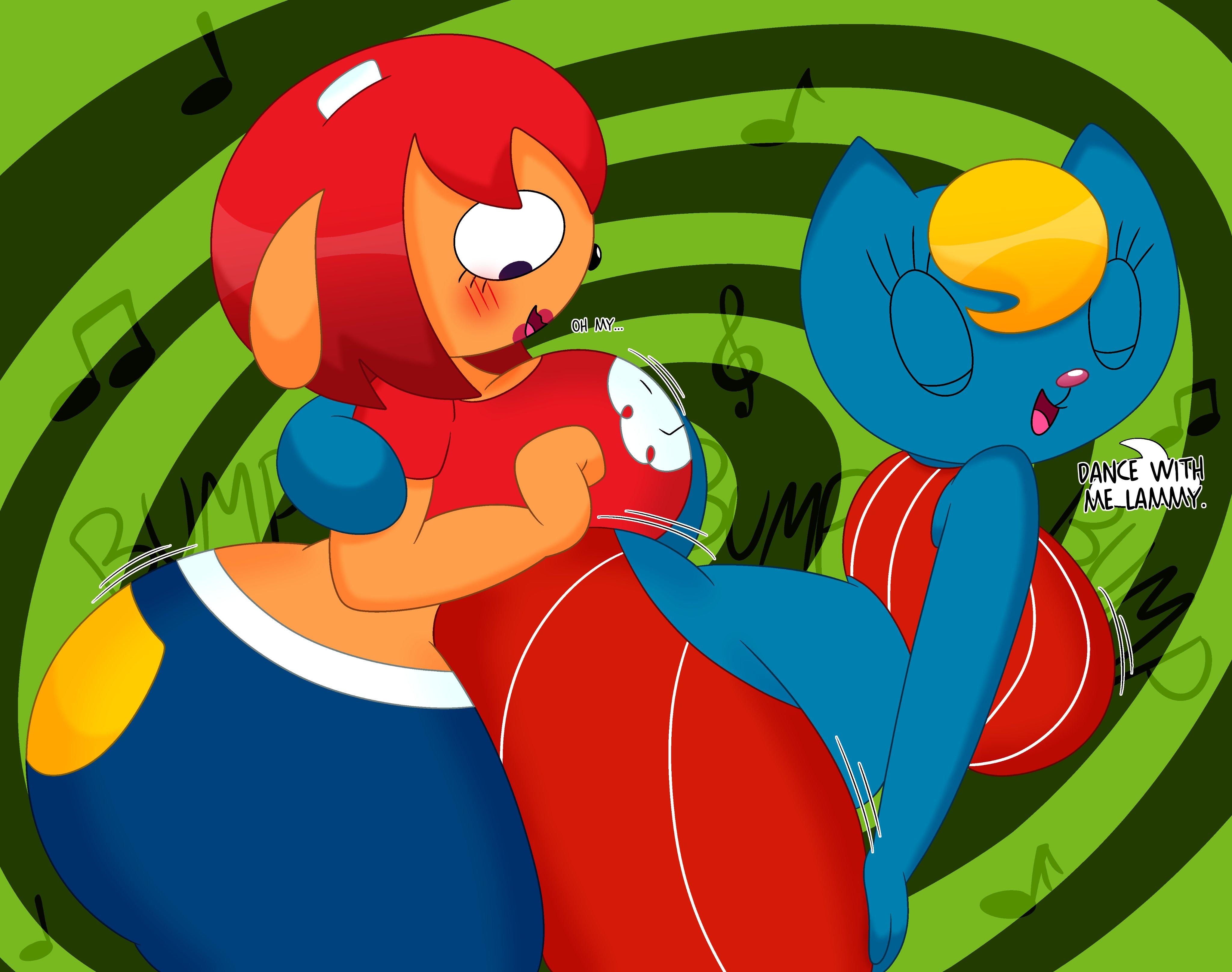 2girls, 3barts, anthro, ass, big ass, big breasts, blonde hair, breasts, caprine, clothed, clothing, dancing, dialogue, eyes closed, feline, female, female only, grinding, hands on thighs, huge ass, katy kat, lammy lamb, leaning forward, looking at ass, looking down, parappa the rapper, red hair, side view, sideboob, sony interactive entertainment, tail, twerking, um jammer lammy, yuri