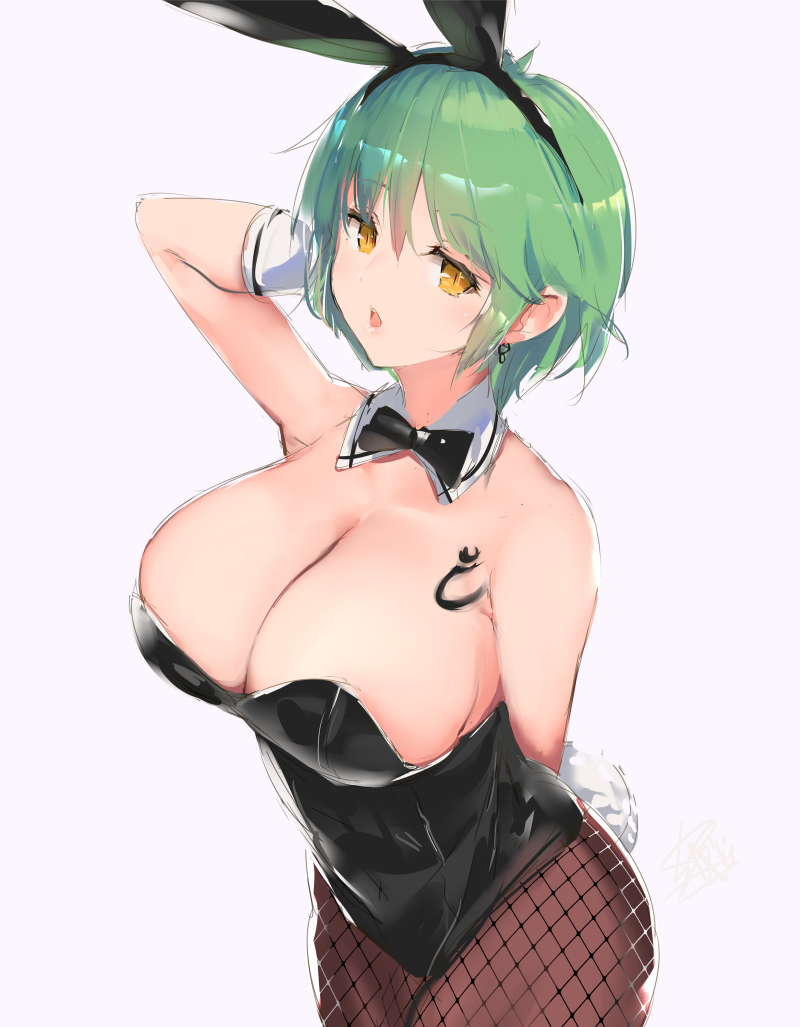 1girls, 2022, animal ears, arm behind back, arm up, bangs, bare shoulders, black bow, black bowtie, black hairband, black legwear, black leotard, bow, bowtie, breasts, bunny ears, bunny tail, cleavage, detached collar, earrings, fake animal ears, female, female focus, female only, fishnet legwear, fishnets, gloves, green hair, hairband, hikage (senran kagura), jewelry, large breasts, leotard, looking at viewer, open mouth, pantyhose, playboy bunny, senran kagura, short hair, simple background, solo, solo female, strapless, strapless leotard, tail, white background, white gloves, yaegashi nan, yellow eyes