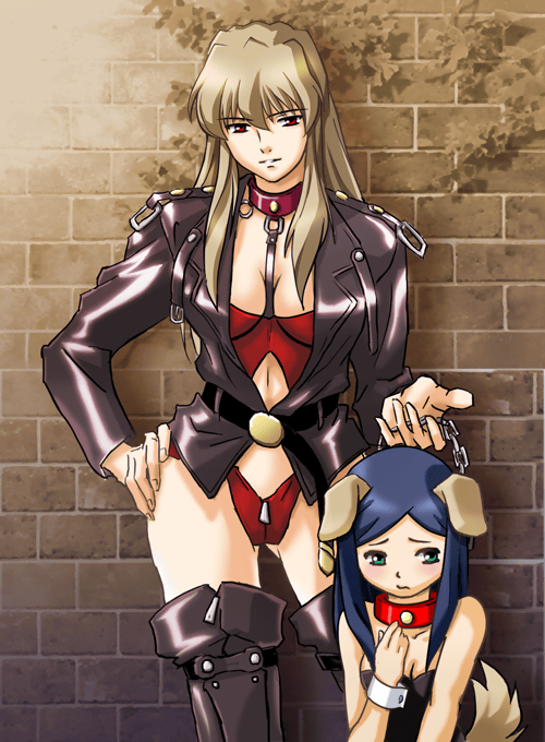 2girls animal_ear artist_request blue_hair bondage boots breasts brown_hair chains cleavage clothing collar corset crotch_zipper dog_ear domination dominatrix female female_only femdom femsub fujino_shizuru gif green_eyes humiliation kuga_natsuki latex leash leather mai_hime multiple_girls my-hime pet pet_play red_eyes size_difference small_breasts static_gif stockings thigh_boots thighhighs yuri zipper