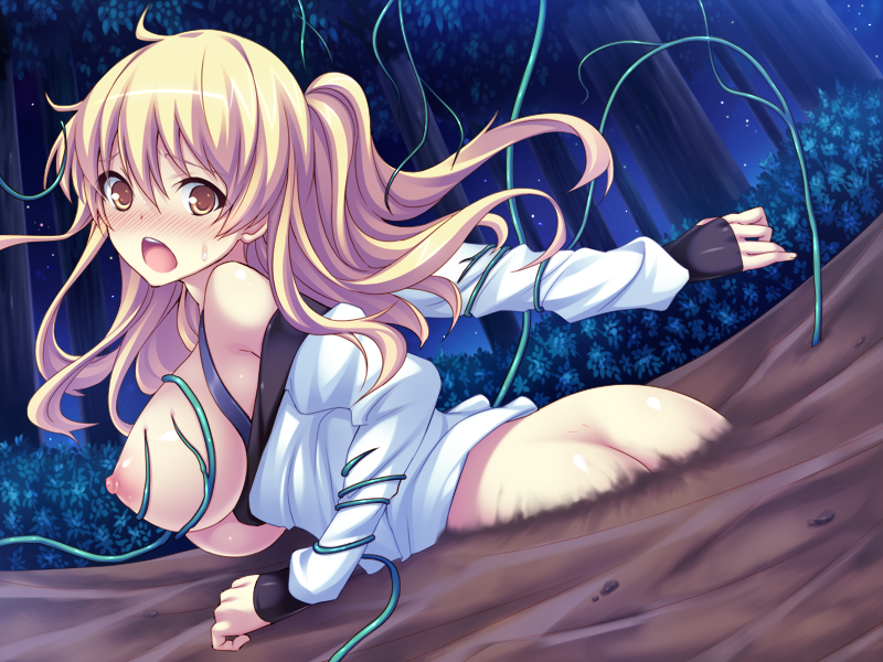 ass blonde_hair blush breasts buried devil-seal female female game_cg huge_breasts kakino_satori kyouen_no_yakata long_hair long_sleeves nipples open_mouth sagara_ise softhouse-seal solo tentacle