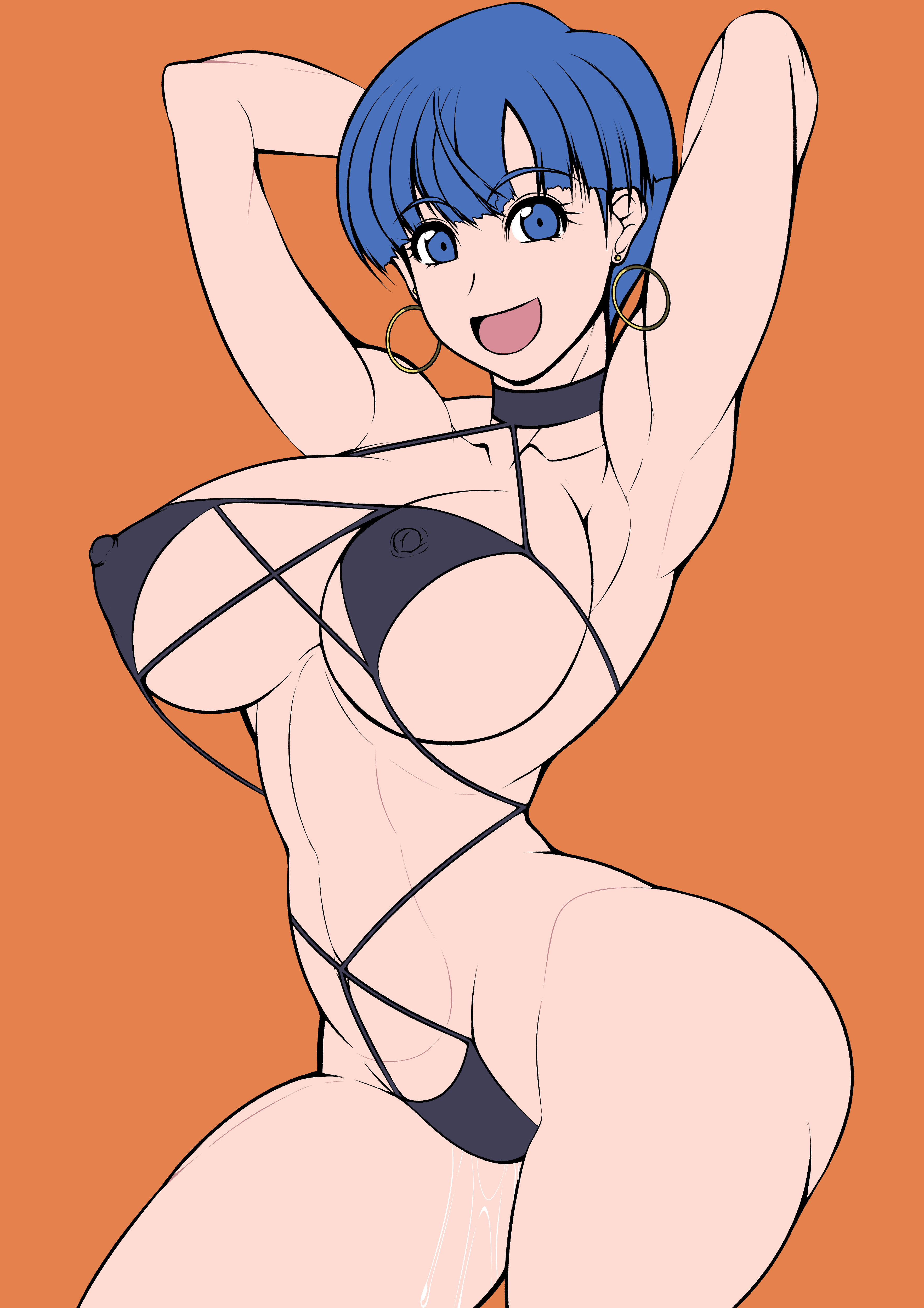 1girls, arms behind back, big breasts, bikini, blue eyes, blue hair, breasts, bulma briefs, cleavage, cleavage cutout, dragon ball, dragon ball super, dragon ball z, earrings, erect nipples under clothes, female, female only, micro bikini, milf, mother, muscular, muscular female, myougi kuraganosuke, no eyewear, one-piece swimsuit, pussy, pussy juice, short hair, solo, string bikini, swimsuit, toned, very short hair