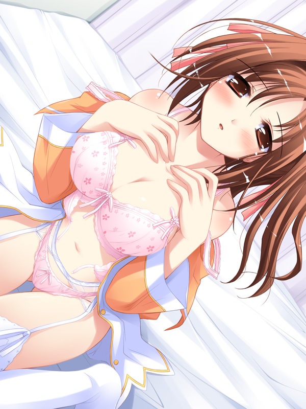 1girls bed breasts female game_cg garter_belt happiness happiness! kamisaka_haruhi lingerie solo thighhighs underwear