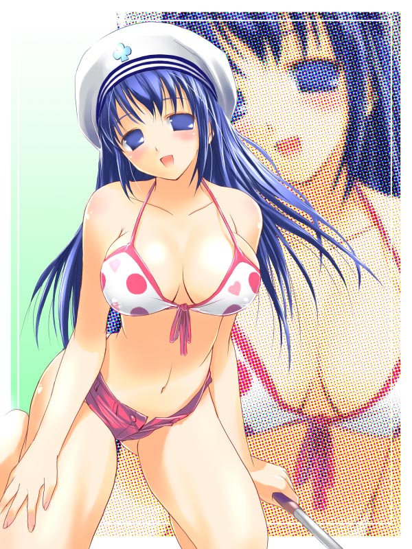 1girls arin beret bikini blue_hair breasts cute female halftone halftone_background hat hima long_hair pangya polka_dot solo swimsuit unbuttoned zoom_layer