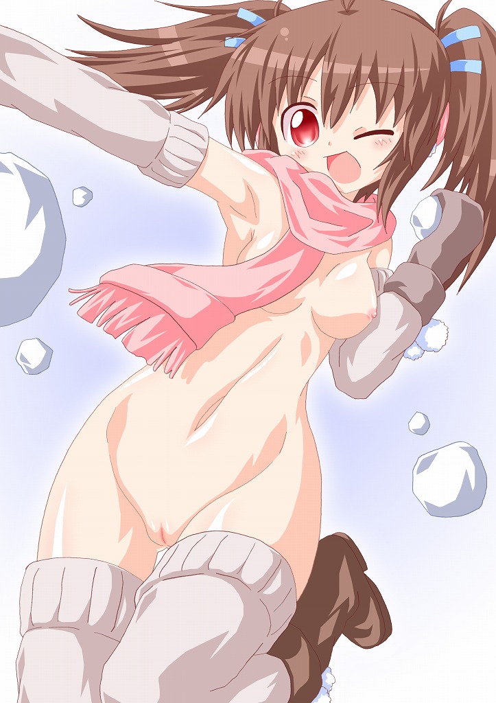 1girls arm_warmers boots breasts brown_hair female gloves kers leg_up leg_warmers naked_scarf navel nipples nude open_mouth original pussy red_eyes scarf snow snowball solo thighhighs tied_hair twintails uncensored wink